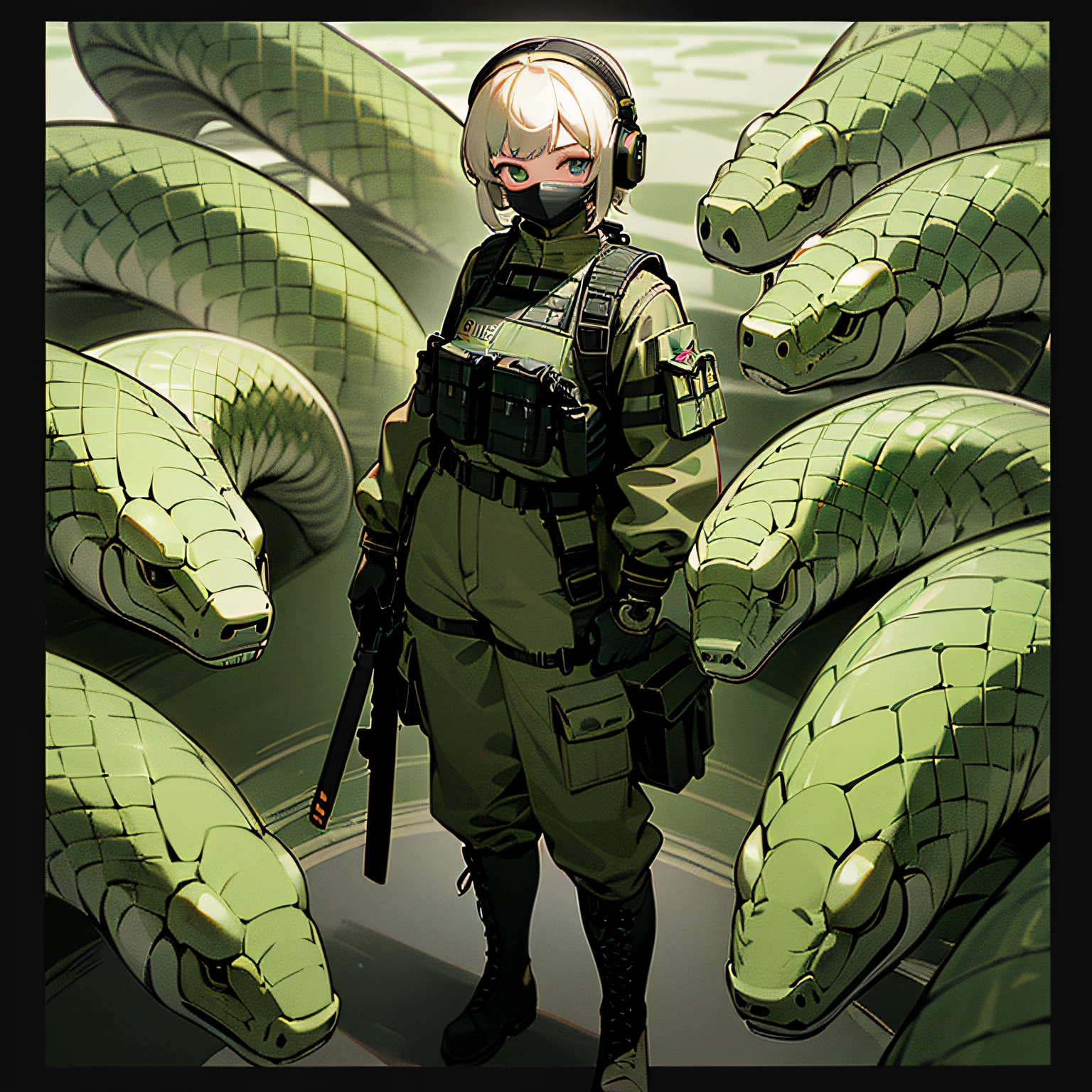 ((hightquality)) ((masterpiece) 8K、Girl with 8 snakes growing from her back、bulletproof vest、Highly detailed CG Unity 8K wallpapers、GameCG、Look at viewers、camouflage uniform、gloves、boots、full bodyesbian、wrist watch、masks、drone、Portable weapons、head phone、jaket、bags、rucksack、
