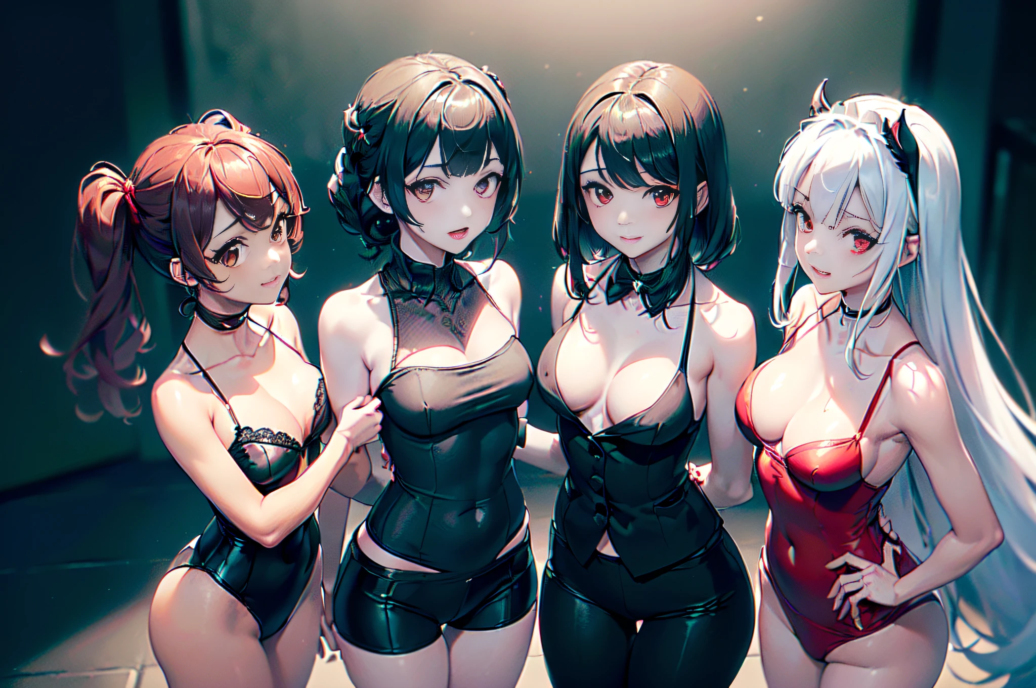Vista delantera de cuerpo completo, ((((Solo 3 chicas)),
Physical appearance Cerberus: Elenco de Helltaker, A short demon girl with pale skin, iris rojos, una cola de punta de flecha negra, y cabello blanco plateado, (3 girls identical face body and clothes same), Tienen orejas caninas blancas que emergen de debajo de su pelo en la parte superior de sus cabezas, They also have small fang-shaped canine teeth present in their mouths., Wear tighter clothing, con camisas rojas abotonadas de manga larga debajo de chalecos de traje a rayas negras y pantalones de traje ajustado negros. They wear black cuffs over their red shirts just below the shoulder, as well as black gloves and black ties tucked under their vests.... Sus colas parecen emerger de debajo de sus chalecos y sobre sus pantalones. Rear solar lighting))