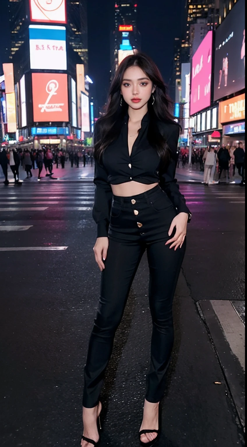 Sexy woman，Beautiful and moving big eyes，In the middle of the street，tight fit clothes，wearing long pants，frontage，Three buttons on either side of the trousers，high-heels，time square, NewYork, United States，nighttime scene，full of lights。