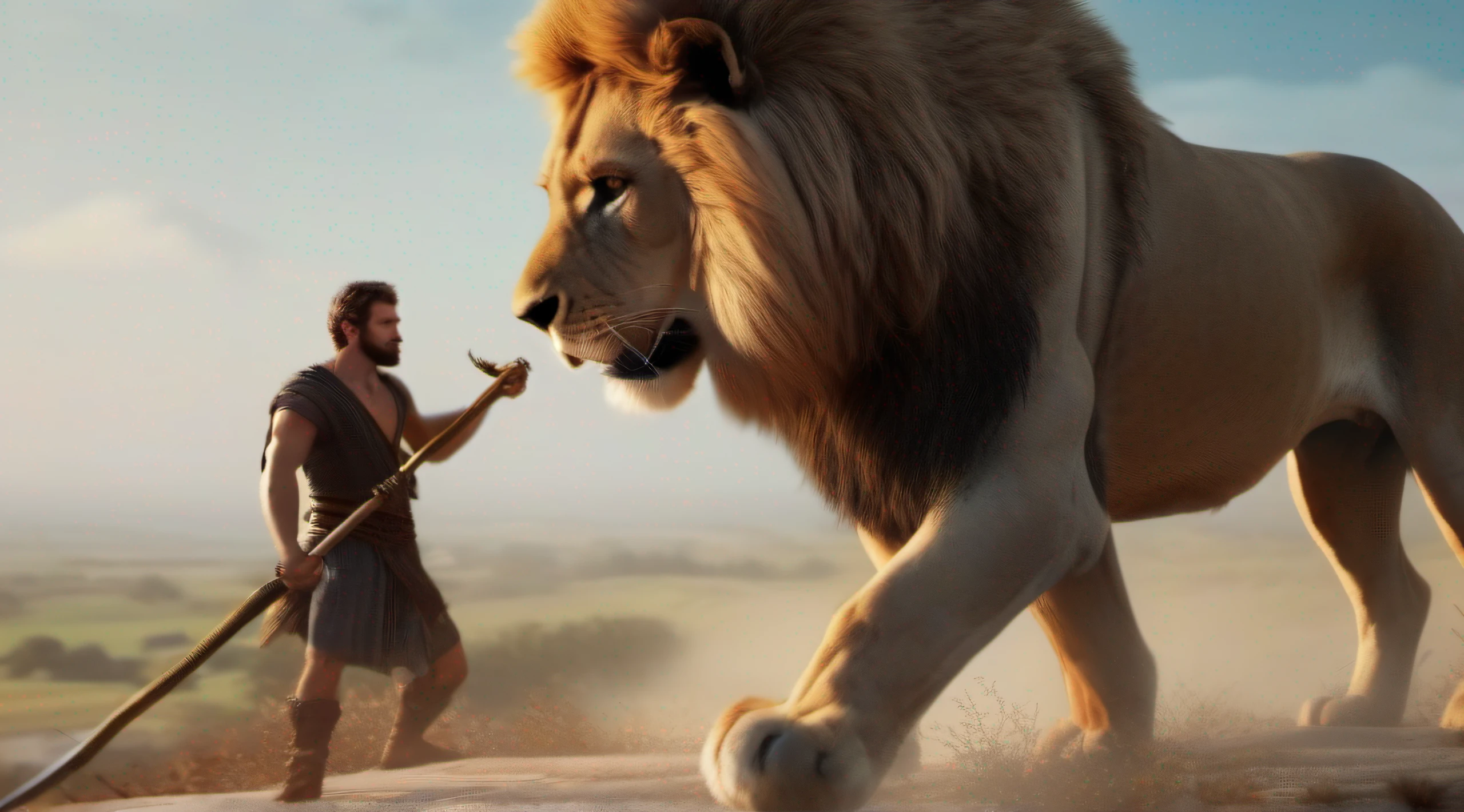 Handsome Man with Shepherd's Crook Fighting a Lion Realistic Biblical Epic Film 8k