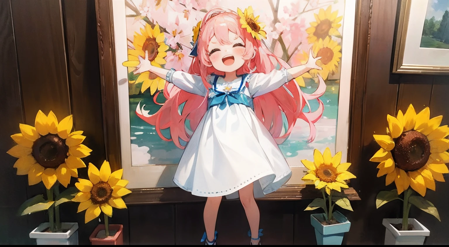 photoRealstic、Doll standing in front of the painting、swim wears、laugh face、Water droplets on the cheeks、Selfie Pose、spreading arms widely、、Sengai、pixiv、rokoko、dollfie dream、watercolor Nendoroid、(High Definition Figure)、flowing sakura-colored silk、nendroid、bustup、Sunflower petals、season!!: 夏☀ 🍂 ヒマワリ