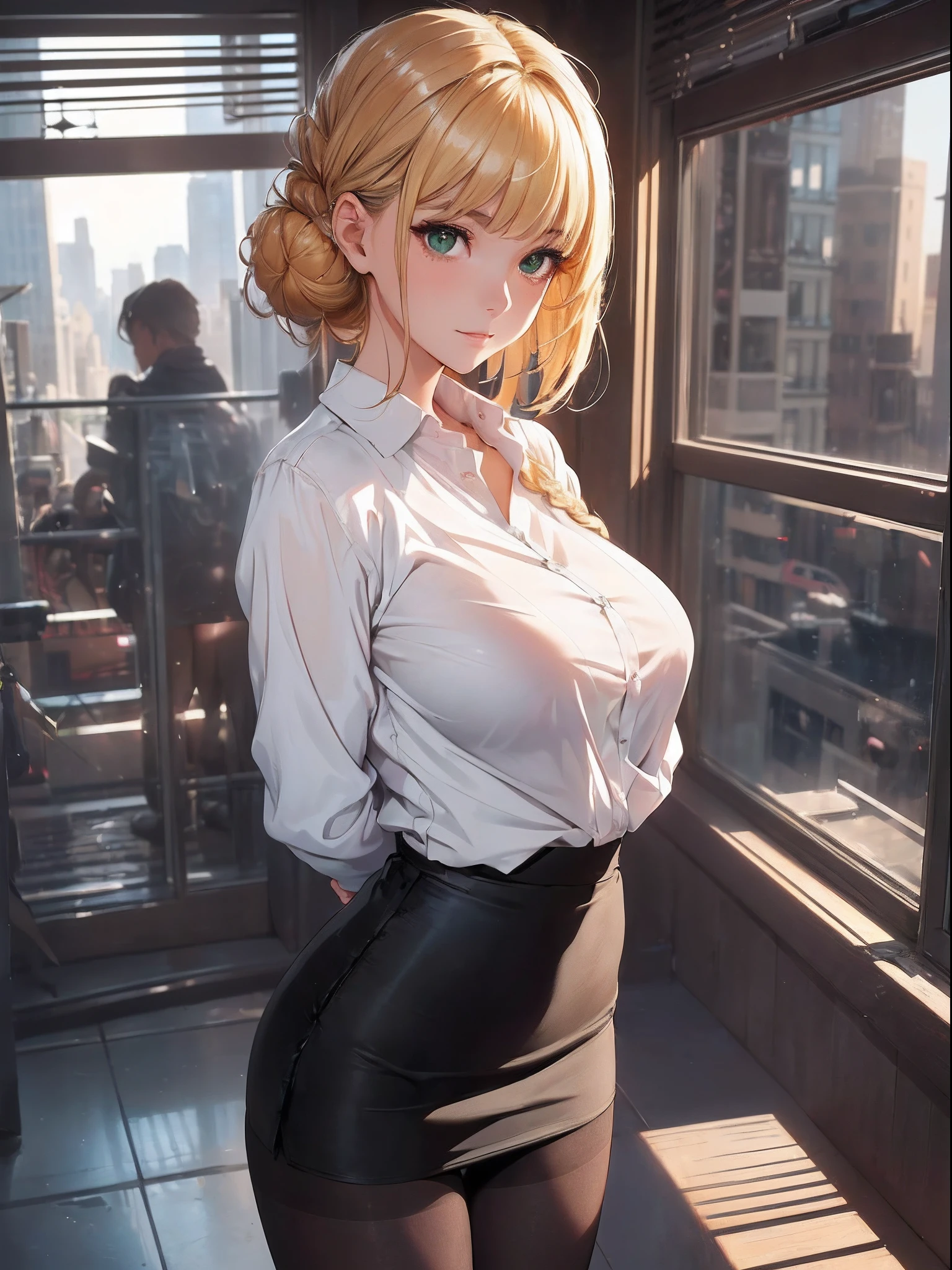 16K, HDR, UHD, best quality, masterpiece, anime style, beautiful young woman, (((16year old,perfect body,Bishojo))),(highly detailed background:1.1),((indoors)),detailed cloth texture, detailed hair texture,nice hands, perfect hands,extremely detailed eyes,(((green eyes))),(((realistic hair))),(((short hair:1.1))),(((two buns))),((shiny hair)),(((blonde hair with light brown tips))),(blunt bangs),white skin,(standing:1.2),(((arms behind back:1.3))),BREAK (((Wear black_shirt on top of naked:1.2))),(((white pencil skirt:1.2))),(((high heels:1.2))),(((black pantyhose:1.2))),BREAK (((In the heart of New York City, the clock strikes 12:38 PM, and within the prestigious confines of Twitter's headquarters at 500 E 77th St, a radiant young woman, a true New Yorker, graces the bustling scene. Her hair, meticulously styled in micro braids, frames her face with a touch of elegance. As the morning sun bathes the room in a warm glow, her infectious happiness radiates. A genuine smile adorns her face, and her eyes sparkle with joy. The open window allows the city's gentle morning breeze to embrace her, leaving glistening droplets on her skin. In this fleeting moment, she embodies the harmonious convergence of technology and the vibrant spirit of the city, a captivating illustration of a contented New York morning.))),(((gleaming skin))),(((large breasts,huge breasts,big breasts:1.1))), full body photo,(((1/3 body))), hyperdetailed face, complex, perfect, model, textured, chiaroscuro, professional make-up, realistic, rough, dominating, figure in frame, by WLOP, cinematic lighting, award winning, RTX, ray tracing, hyper realistic