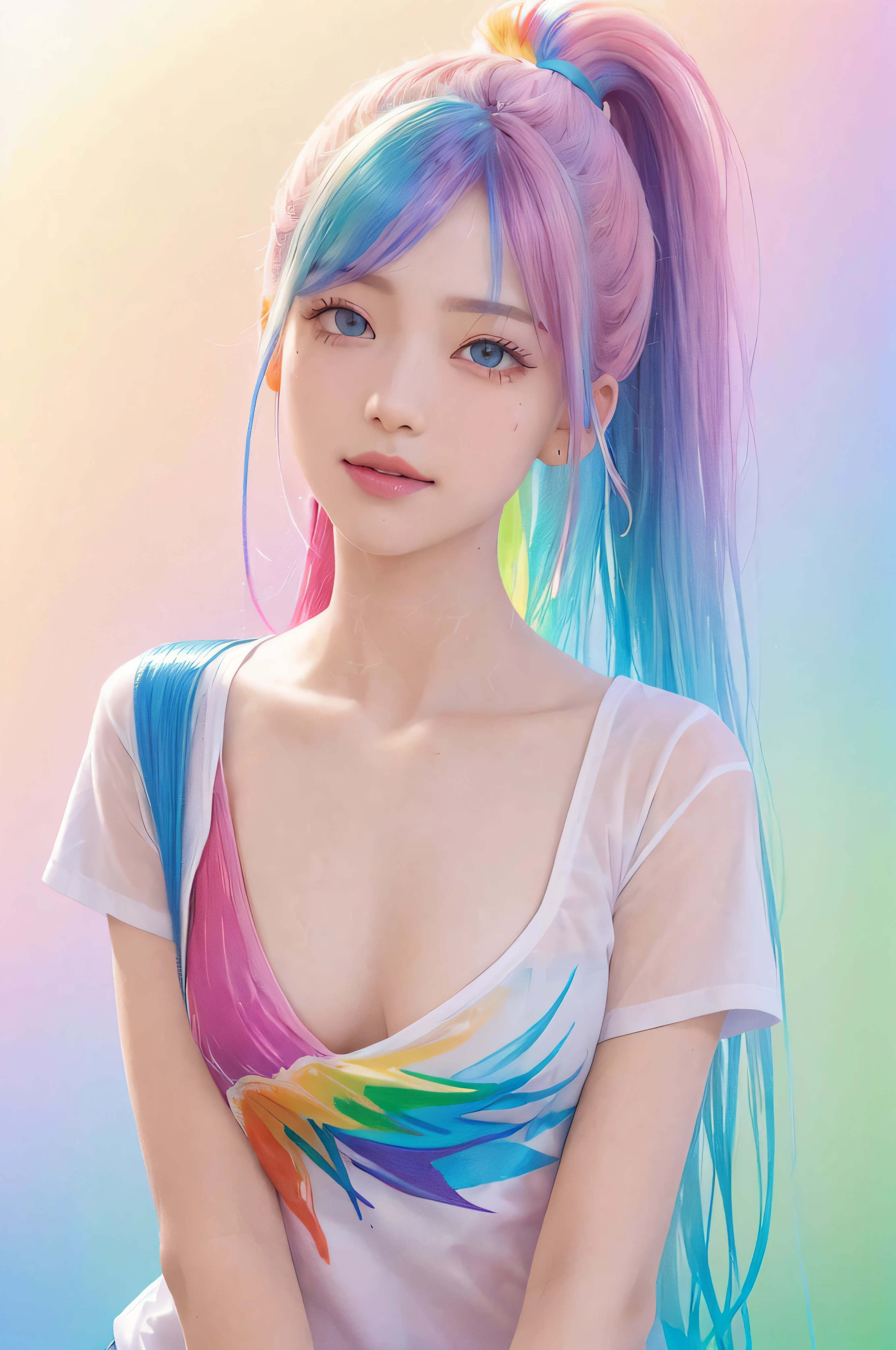 (SFW、masuter piece、Best Quality、masutepiece、top-quality、Top image quality、extremely beautiful lady)、(Pink fashion T-shirt:1.9)、(colourful hair:1.8)、(all the colours of the rainbow:1.8)、((((Vertical Painting:1.6)))、(Painterly:1.6)、frontage、comic strip、illustratio、Painterly、big eye、Sheer eyes、(Iridescent gradient high ponytail:1.7)、Exquisite makeup、Mouth closed、(Small fresh:1.5)、(Wipe Chest:1.6)、long eyeslashes、White off-the-shoulder T-shirt、White shoulder shirt、looking at the spectator、Large watery eyes、(rainbow-colored hair:1.6)、 color splashes, (独奏:1.8), color splashes, Color explosion, Thick paint style, Messy lines, ((Shines)), (colourfull), (colourfull), colourfull, colourfull, Chic paint style, (Splash) (color splashes), Vertical Painting, The upper part of the body, Paint splashes, Acrylic Pigment, gradients, paint, Top image quality, Top image quality, ​masterpiece, 独奏, depth of fields, facepaint, colourful clothes, (elegent: 1.2), Gorgeous,length hair, the wind, (elegent: 1.3), (flower petals:1.4)、(((​masterpiece)))、(((top-quality)))、((ultra-detailliert))、(illustratio)、(dynamic ungle)、((Planktonic))、(paint)、((dishevled hair))、(独奏)、(1girl in)、((Detailed anima face)))、((beautifull detailed face))、collars、bare shoulders​、white  hair、((colourful hair))、(((striated hair))、beatiful detailed eyes、(Gradient color eyes)、(((Colorful eyes))))、(colorful backdrop))))、((((a high chroma))))、(((Surrounded by colorful splashes)))、lightbrown hair、Intense crystal light blue eyes、Highlights in the eyes、Look firmly at the camera、((extremely beautiful lady、NSFW Whatever?、masuter piece、Highest Standards、top-quality、Top image quality、超A high resolution、Symmetrical beauty、Add strong highlights to the eyes))、Be bold in the crotch、very massive udder、Exposed udder、Beautiful areola、protruding papillae、(huge-breasted)、portlate、Perfect Angle、acrobatic pose、(Professional quality、hight resolution)、perfect contrast、Perfect litthing、perfect-composition、flawless skin、perfect hand、Perfect finge