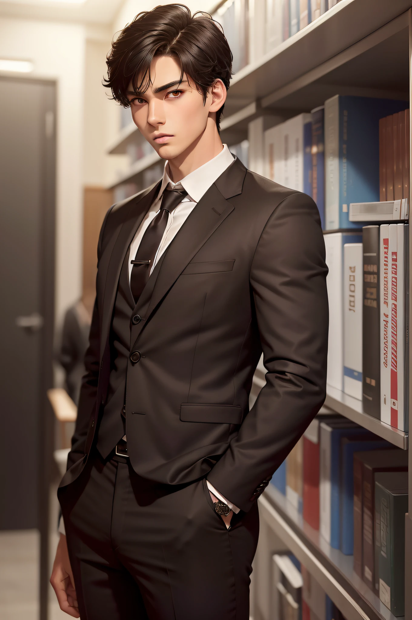 1boy, [Detailed background (campus, college, Library)], Black hair, Dark hair, Short black hair, Korean hairstyle, neat hairstyle, Lean, muscular men, Alpha Male, Masculine men, tall male ((Man wears a brown suit, Brown pants, specification)) Hold your briefcase)), Correct limbs, Correct anatomy, Handsome, Eye details, Beautiful eyes, Delicate eyes, grey  eyes, wide breasts, broad shoulders, tiny waist, Long legs, Serious face