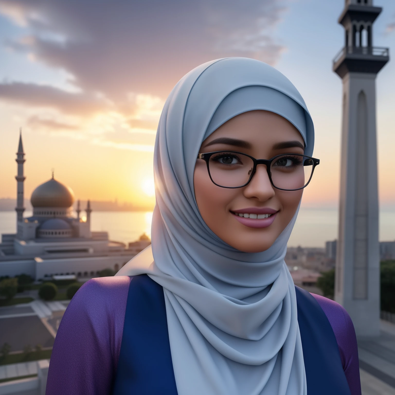 ultra realistic,16k, enhanced quality, perfect face, perfect hands, perfect body, ultra detailed,1girl, perfect hair, girl wearing glasses, perfect glasses, perfect smile, ultra realistic, ultra realistic background, ultra realistic sunset, ultra realistic clouds, Infront of a mosque, different poses, looking at view, ultra realistic glowing butterfly, girl wearing perfect hijab, ultra realistic particles, perfect duck lips, Islamic hijab, full body image, full image.
