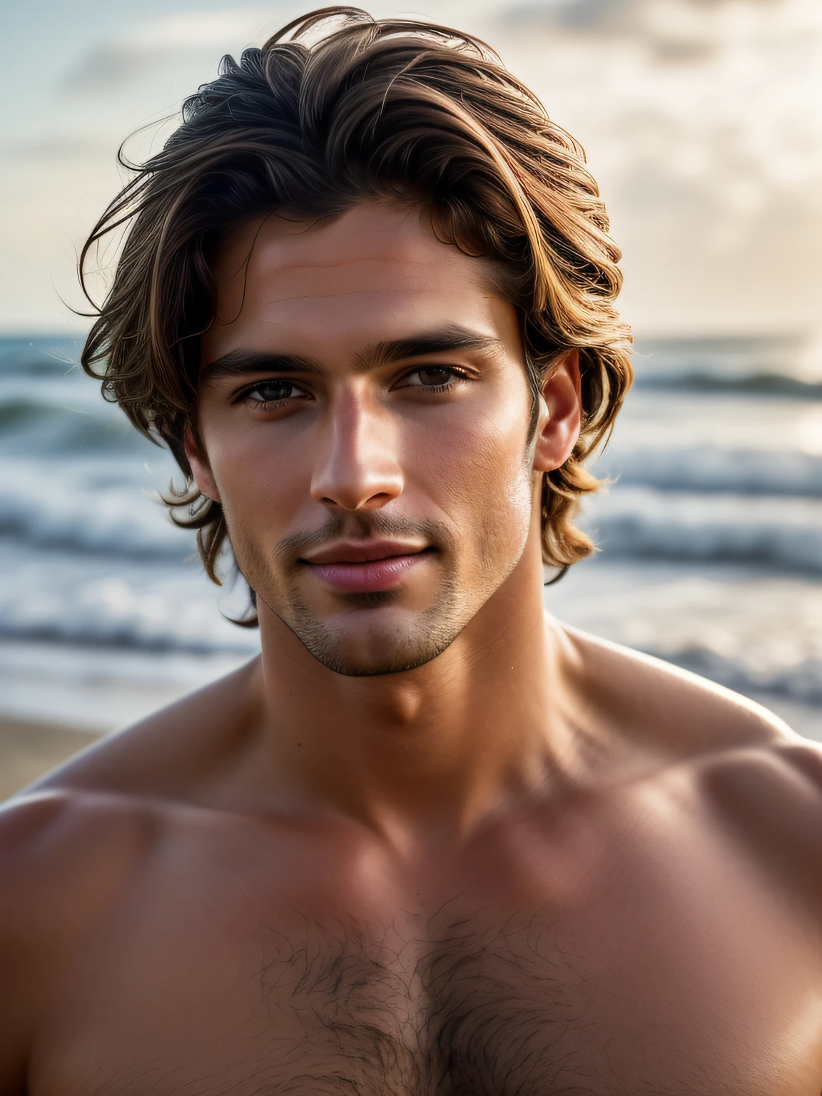 Cinematic soft lighting illuminates a stunningly detailed and ultra-realistic handsome Brazilian male supermodel, beach look, short messy windy brown hair, clear honey eyes, captivating perfect smile, sensual, hot man, insanely handsome, that is trending on ArtStation. Octane is the perfect tool to capture the softest details of this 16k photography masterpiece.