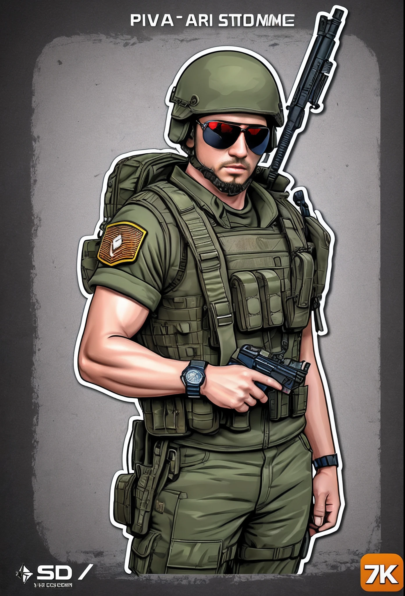 studio photographer Resident_evil art (realistic, 1.37), 2D render, CSGO_costumes, style cinematic art, best quality, masterpiece, RAW, 8k, ((piva_beautiful pose_dynamic)) (piva_soldier_costumes e outfit detailed) grenade military vest top sticker, glasses, dynamic, Centered, Stubby, intricate detailed, telegram sticker design, sticker illustration 4k, Telegram Sticker, sticker design 4k, sticker concept design, 5x5 Fanart, 24k UHD, tridimensional, style sigma 35mm f4 --auto --s2