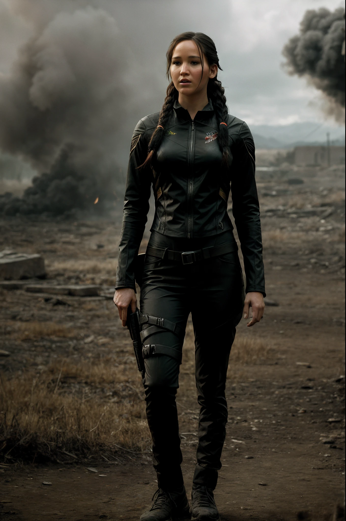 RAW photo, Katniss full body portrait photo, apocalyptic background, ultra realistic, 8k, Unreal Engine 5, colerful, highly detailed.