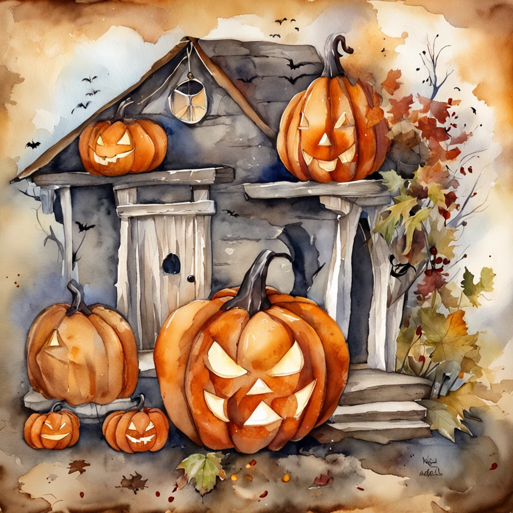Casa velha estilo halloween, com morcegos, aboboras ultra realistas