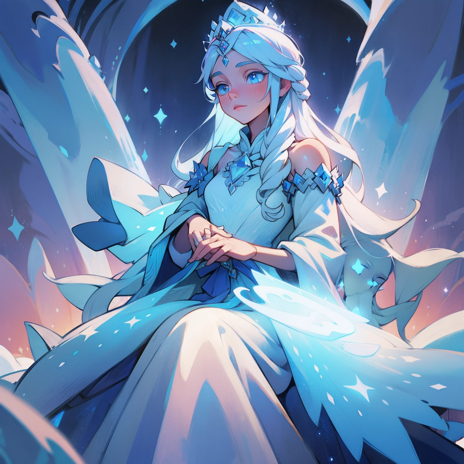 (painting) "Princess of Winter" with a magical aura, glowing ice crystals, a majestic crown, flowing silver hair, exquisite gown adorned with snowflakes, a serene expression, and a wintry landscape in the background.