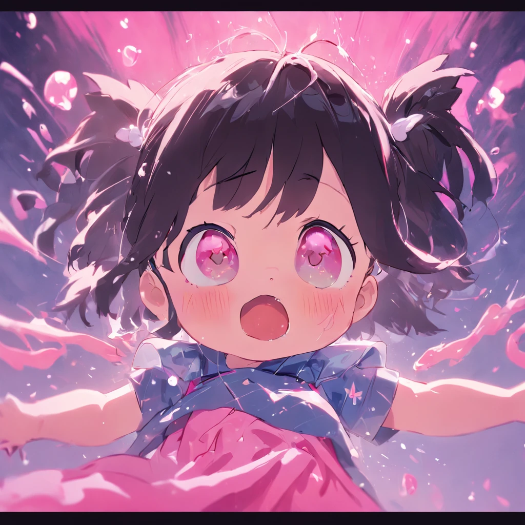 A huge cat,played with a beautiful Japanese Baby,Light pink background,This girl has big watery eyes. Colorful Colors,Light background,black haired girl ,They are very excited and. zbrush. Disney style,hyper realistic oil. exaggerated perspective, contour shadow, realistic 8k