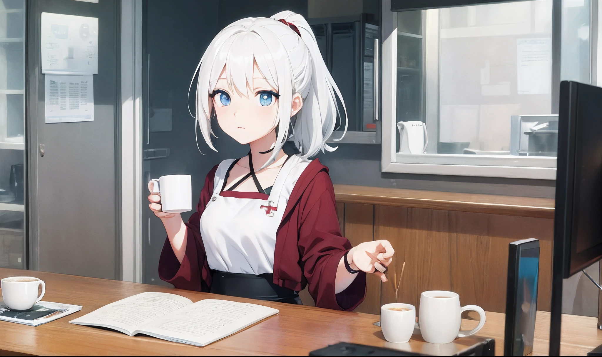 White-haired anime girl Blue eyes Cross pupil Low ponytail Holding mug