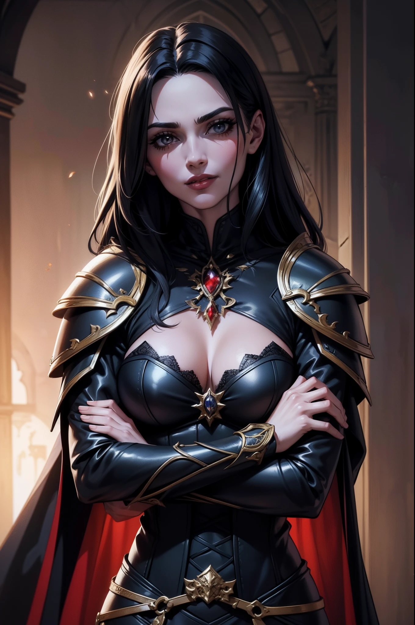An adult vampire wizard character wearing a very detailed and beautiful gothic armor. Seu cabelo com corte curto. cor do cabelo portanto. lip color: portanto, cor roxa dos olhos, manto, capuz, arms crossed over his chest, olhando com um olhar desdenhoso, com um sorriso debochado, Splendid, dramatic scene, numa pose bem desafiadora.