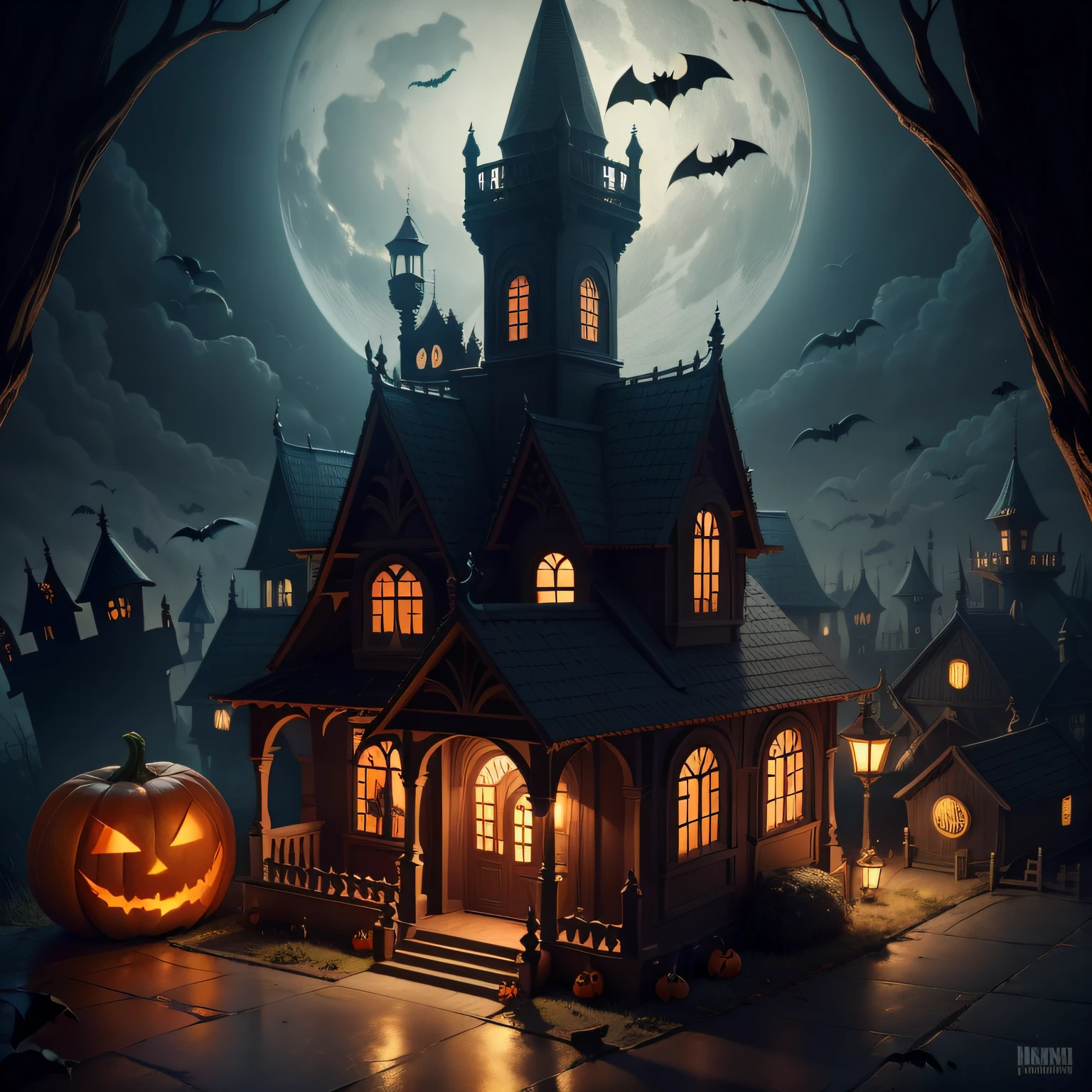 uma casa velha de halloween, with bats and pumpkins