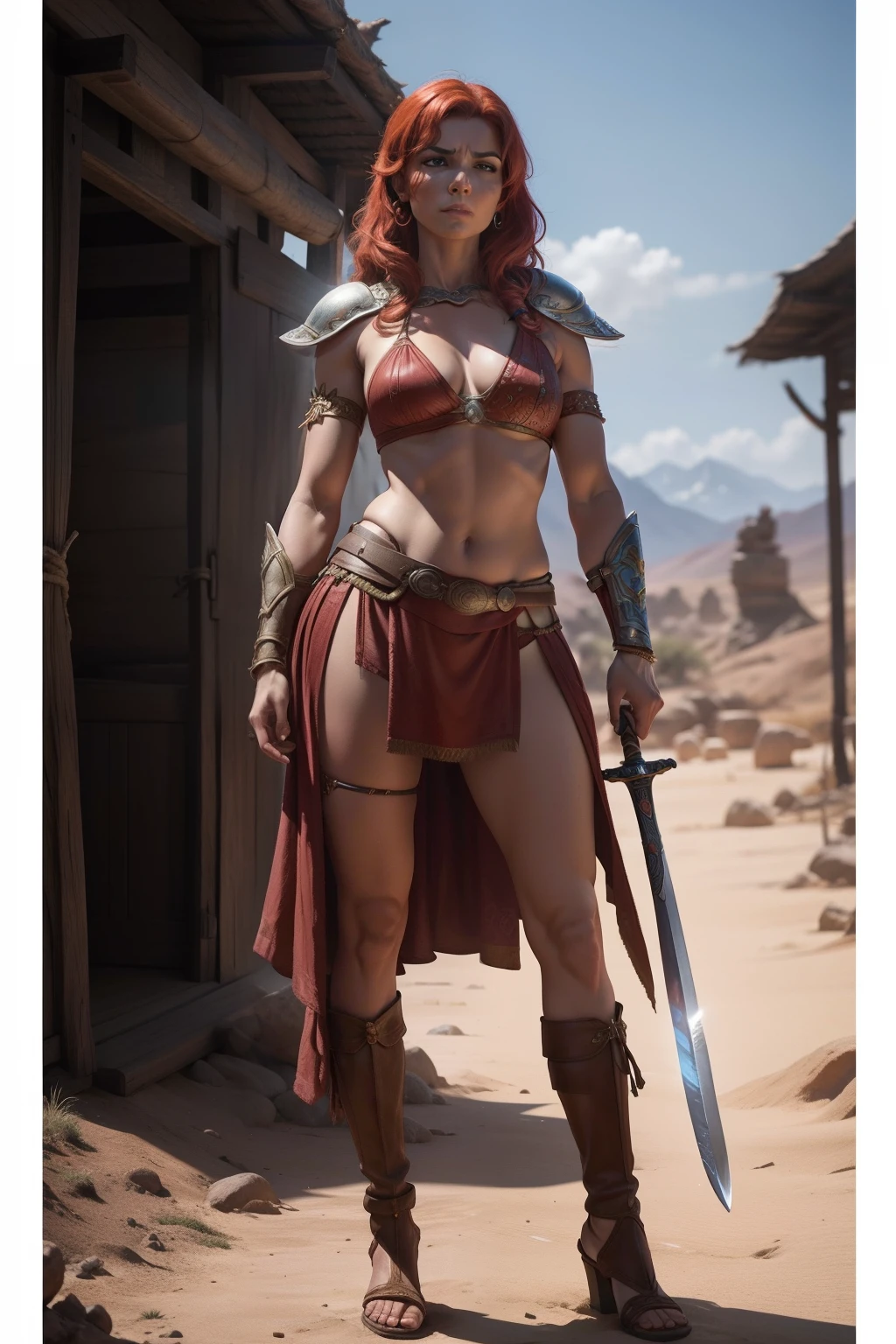 Red Sonja, mulher guerreira, cabelos longos, ruivos, olhos selvagens, voluptuosa, athletic, usando uma cota de malha prateada cobrindo os seios, tanga curta feita de pele animal,botas de couro bordado envelhecido, suando,standing stately holding a hirkanian sword ready to wipe out nomads coming from Khitai. film composition photography, Very detailed, extremely high-resolution, cor profissional, luz maravilhosa, luz do dia, 300k resolution, altamente realista, muitos detalhes.