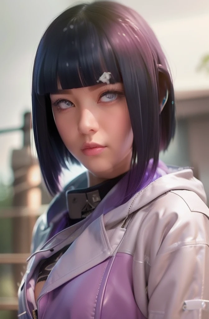 Hinata hyuga A woman was standing in the yard. He looked like he was wearing a gray suit. With a silver purple leather jacket. She had short blue hair with bangs in front. White as snow. And rosy cheeks. And a tiny pink lip. He looked into the camera. So pretty and realistic