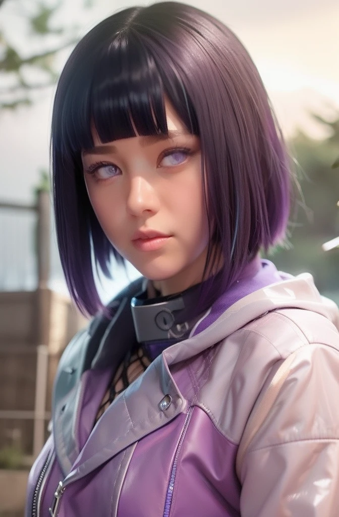 Hinata hyuga A woman was standing in the yard. He looked like he was wearing a gray suit. With a silver purple leather jacket. She had short blue hair with bangs in front. White as snow. And rosy cheeks. And a tiny pink lip. He looked into the camera. So pretty and realistic