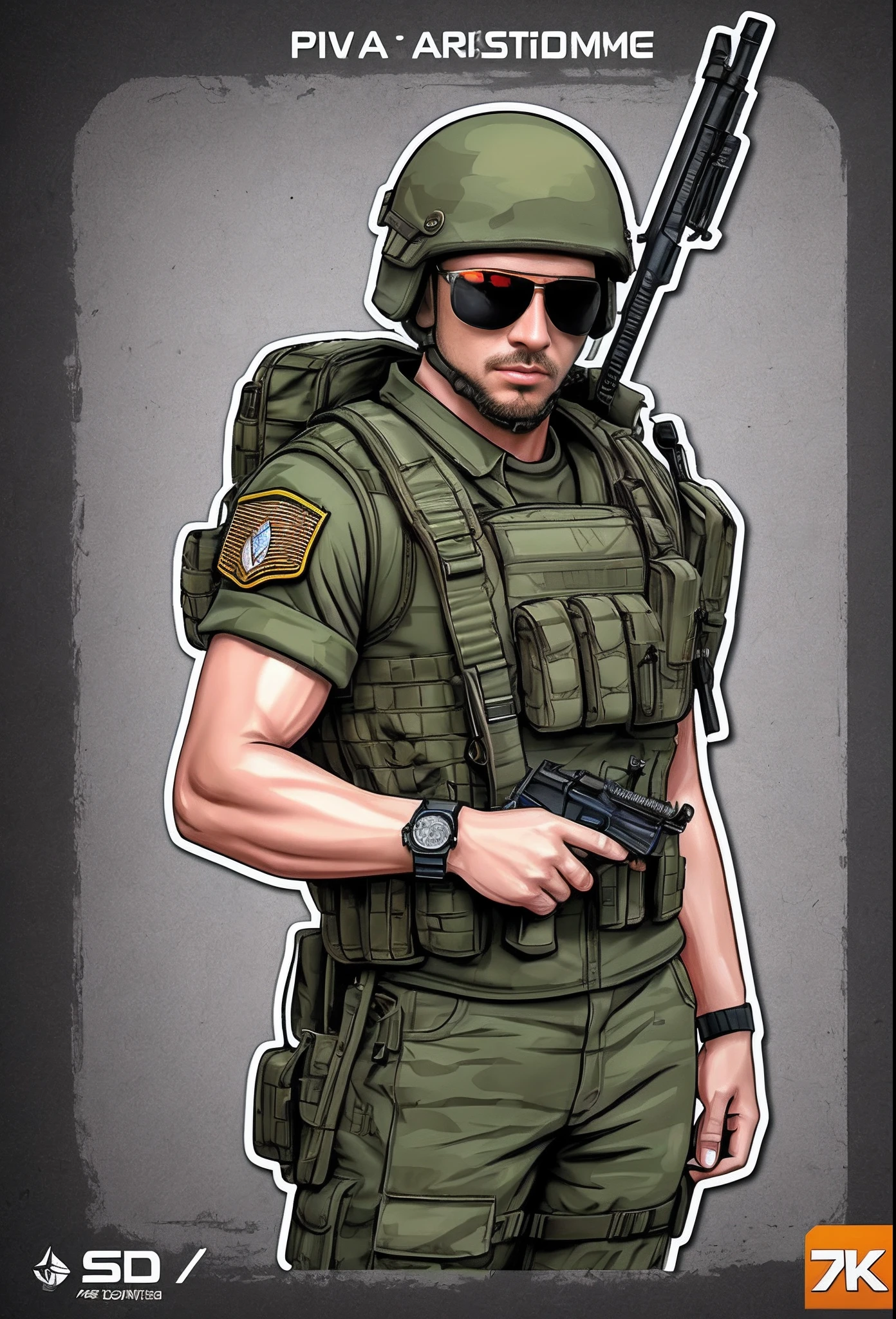 studio photographer Resident_evil art (realistic, 1.37), 2D render, CSGO_costumes, style cinematic art, best quality, masterpiece, RAW, 8k, ((piva_beautiful pose_dynamic)) (piva_soldier_costumes e outfit detailed) grenade military vest top sticker, glasses, dynamic, Centered, Stubby, intricate detailed, telegram sticker design, sticker illustration 4k, Telegram Sticker, sticker design 4k, sticker concept design, 5x5 Fanart, 24k UHD, tridimensional, style sigma 35mm f4 --auto --s2