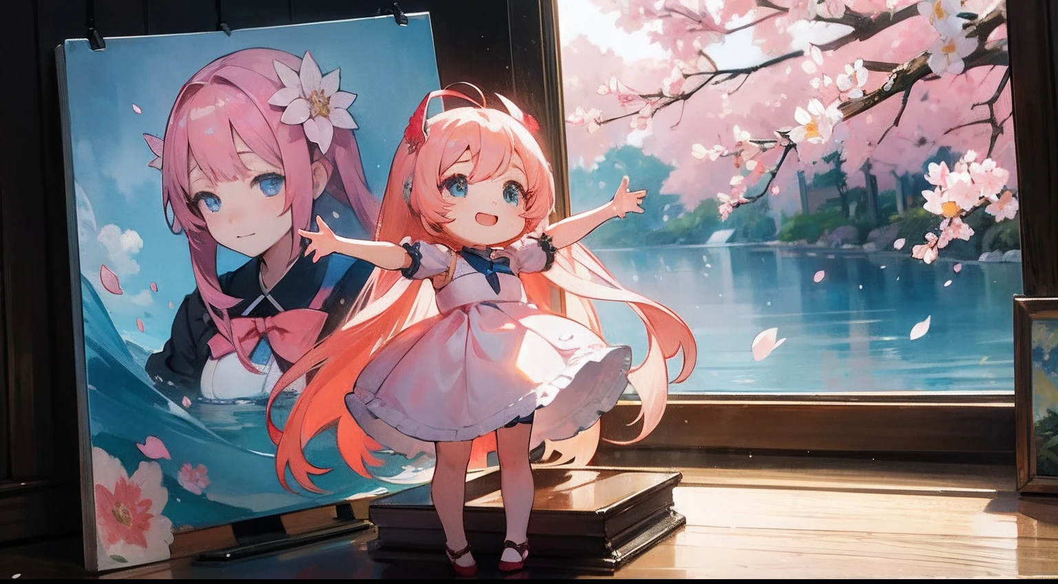 photoRealstic、Doll standing in front of the painting、swim wears、laugh face、Water droplets on the cheeks、Selfie Pose、spreading arms widely、Sengai、pixiv、rokoko、dollfie dream、watercolor Nendoroid、(High Definition Figure)、flowing sakura-colored silk、nendroid、bustup、Rape flower petals、season!!: 春☀ 🍂 菜の花