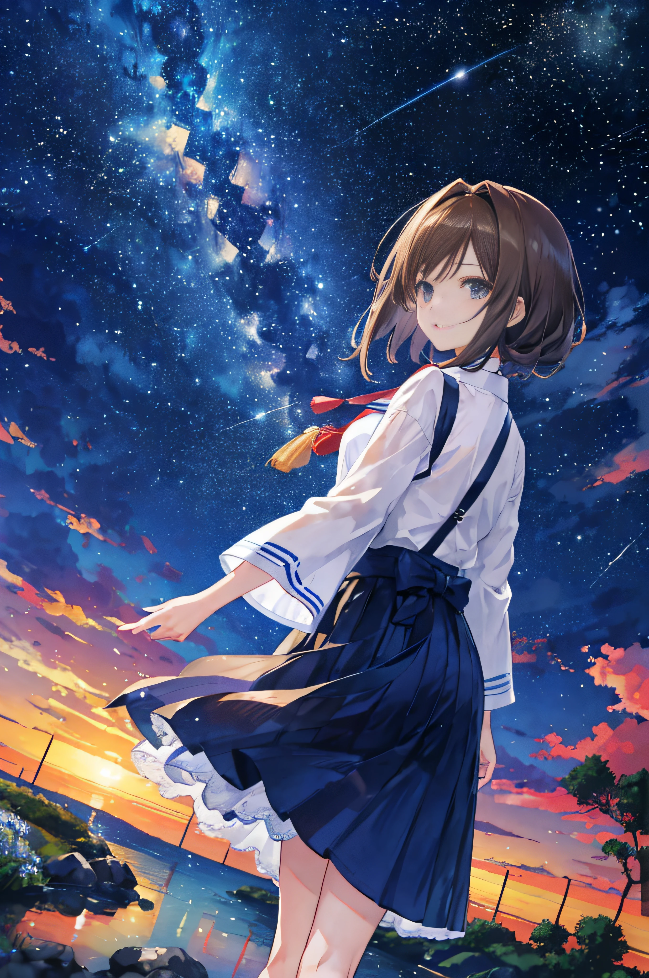 milkyway、shooting stars、meteors、Meteor swarm, Night, Starry sky, Galaxy, beautiful anime scene, starrysky, natta, nigh sky, 独奏, plein air, ​​clouds, length hair, 城市, silhuette, (top-quality、​masterpiece)、1girl in、超A high resolution、独奏、A Japanese Lady。Rear view、hi-school girl、photorealisim、Light Brown Straight Hair、finer hair、fashionGirl。Wears a white shirt。