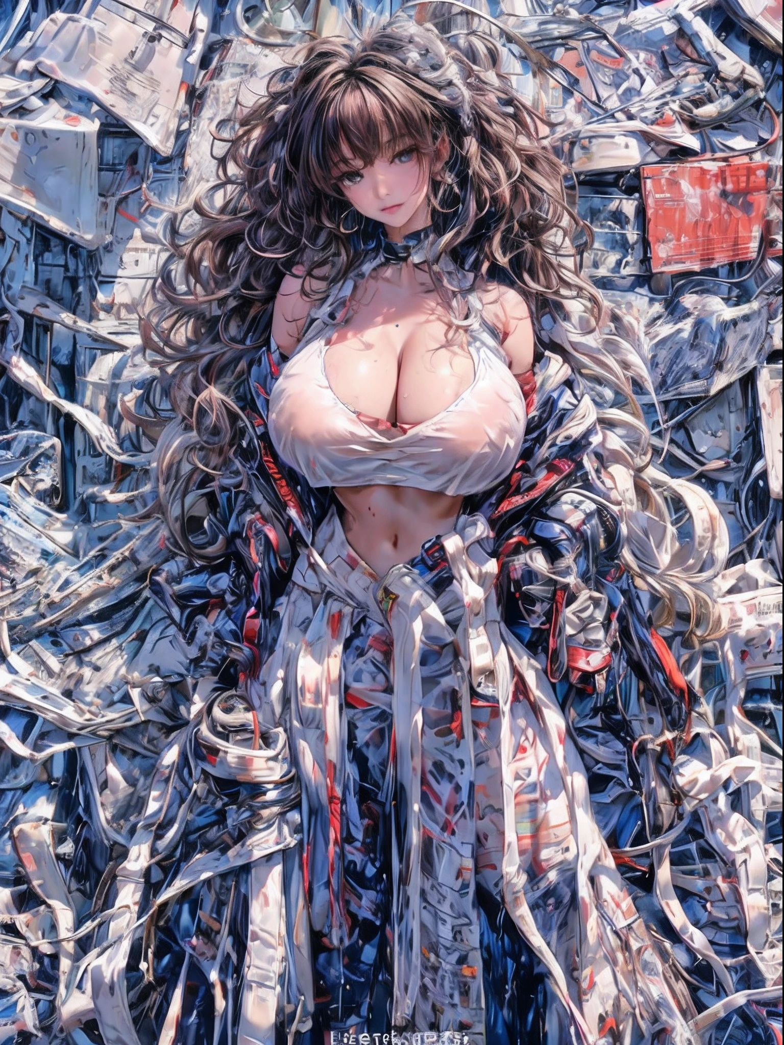 nsfw,cleavage cutout crop top navel nsfw wet uniform,pretty face,oily dusky skin girl on a motorcycle, curly hair,super realistic photo,gigantic breasts,super wide hips,Whipped legs,translucent