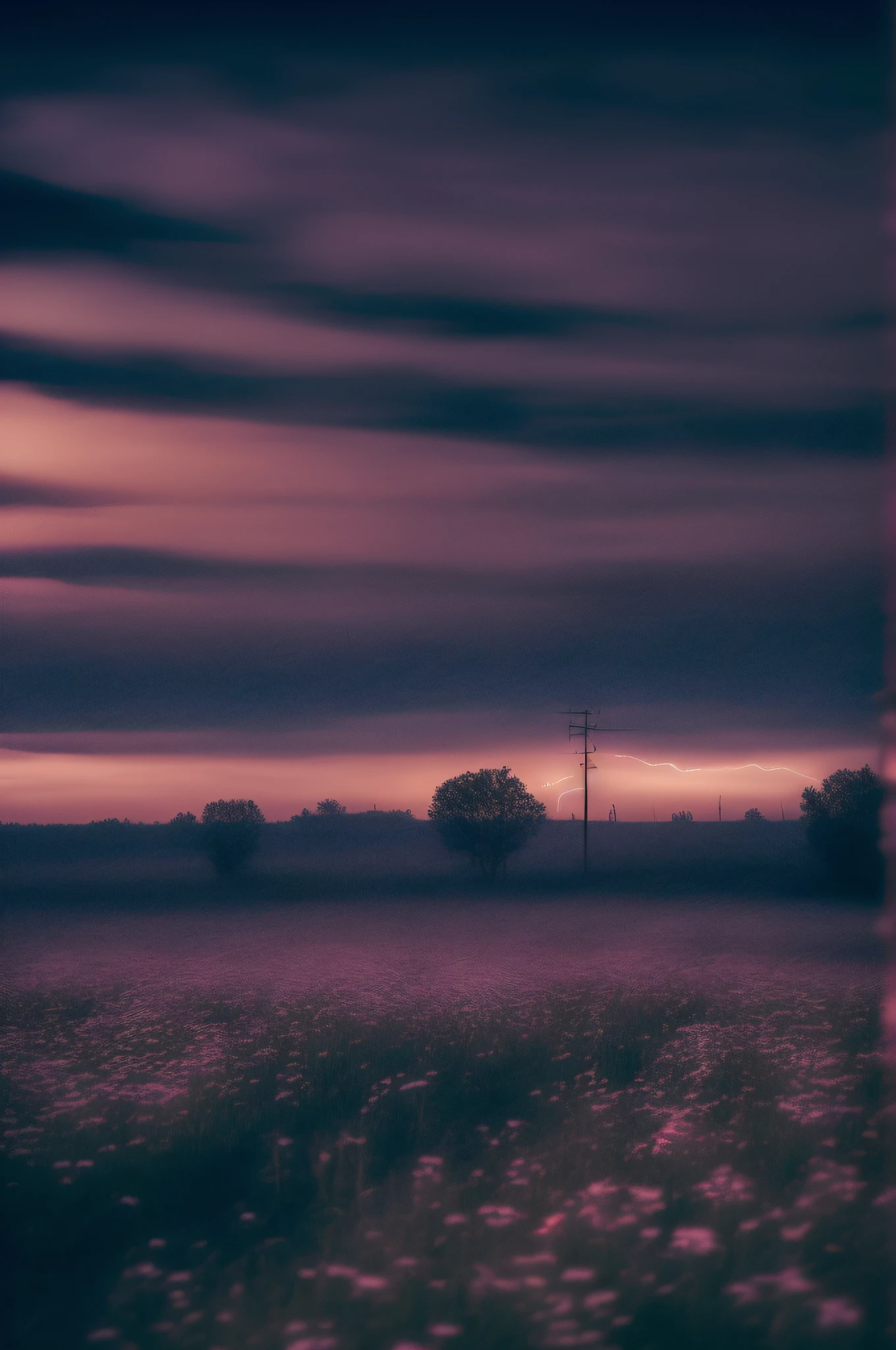 ((deep in the night、mid night、early dawn))、((Large grasslands、hazy、flower  field、It's snowing、Lightning in the back))、((Nostalgic but unsettling photos、Images in a dream、In a dream、image、horor))、((Pretty dark image、Grainy photo、Film Touch、color photograph))、,Wide Shot, ultra wide-angle,