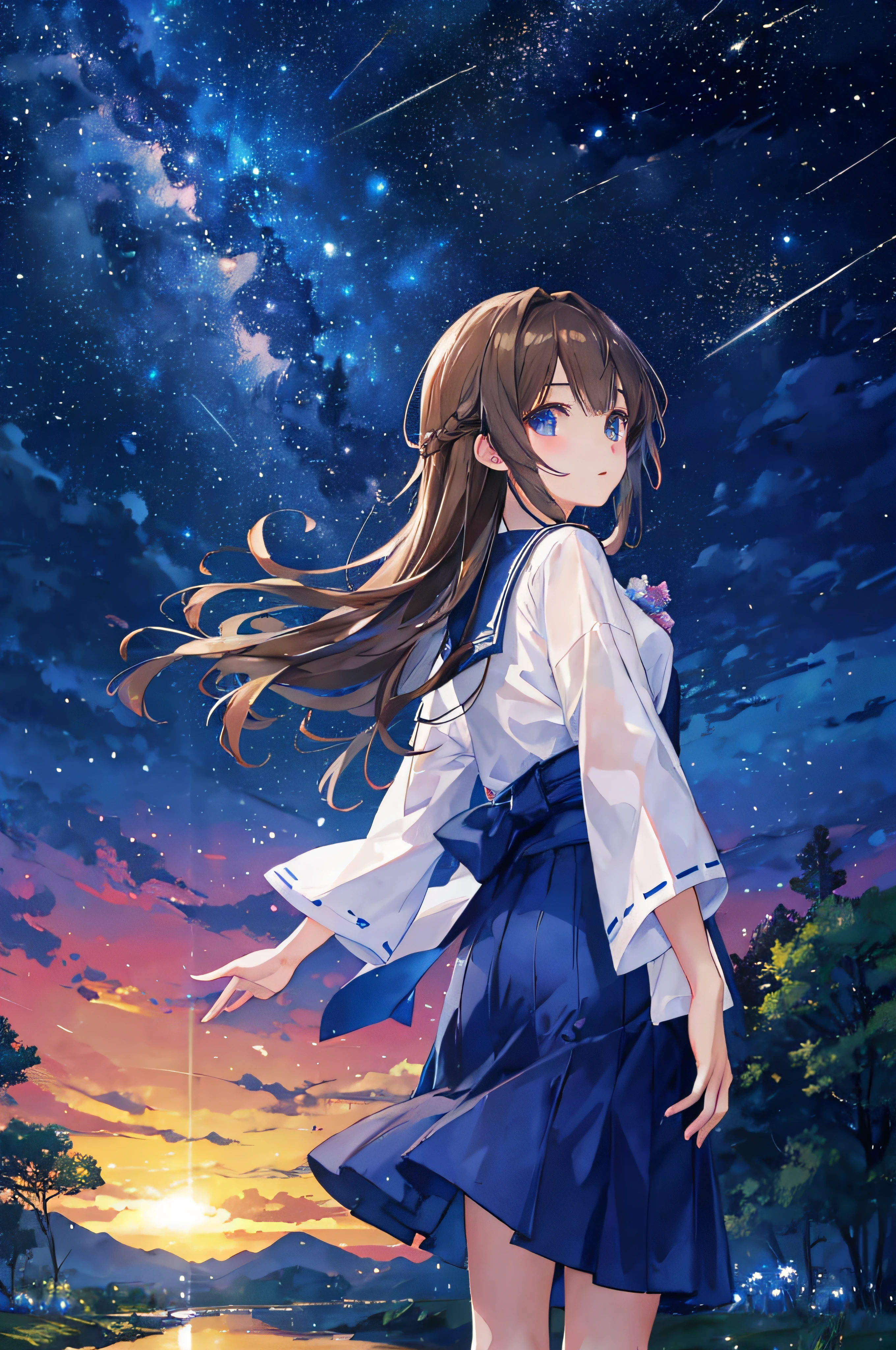 milkyway、shooting stars、meteors、Meteor swarm, Night, Starry sky, Galaxy, beautiful anime scene, starrysky, natta, nigh sky, 独奏, plein air, clouds, length hair, 城市, silhuette, (top-quality、masterpiece)、1girl in、超A high resolution、独奏、A Japanese Lady。Rear view、hi-school girl、photorealisim、Light Brown Straight Hair、finer hair、fashionGirl。Wears a white shirt。