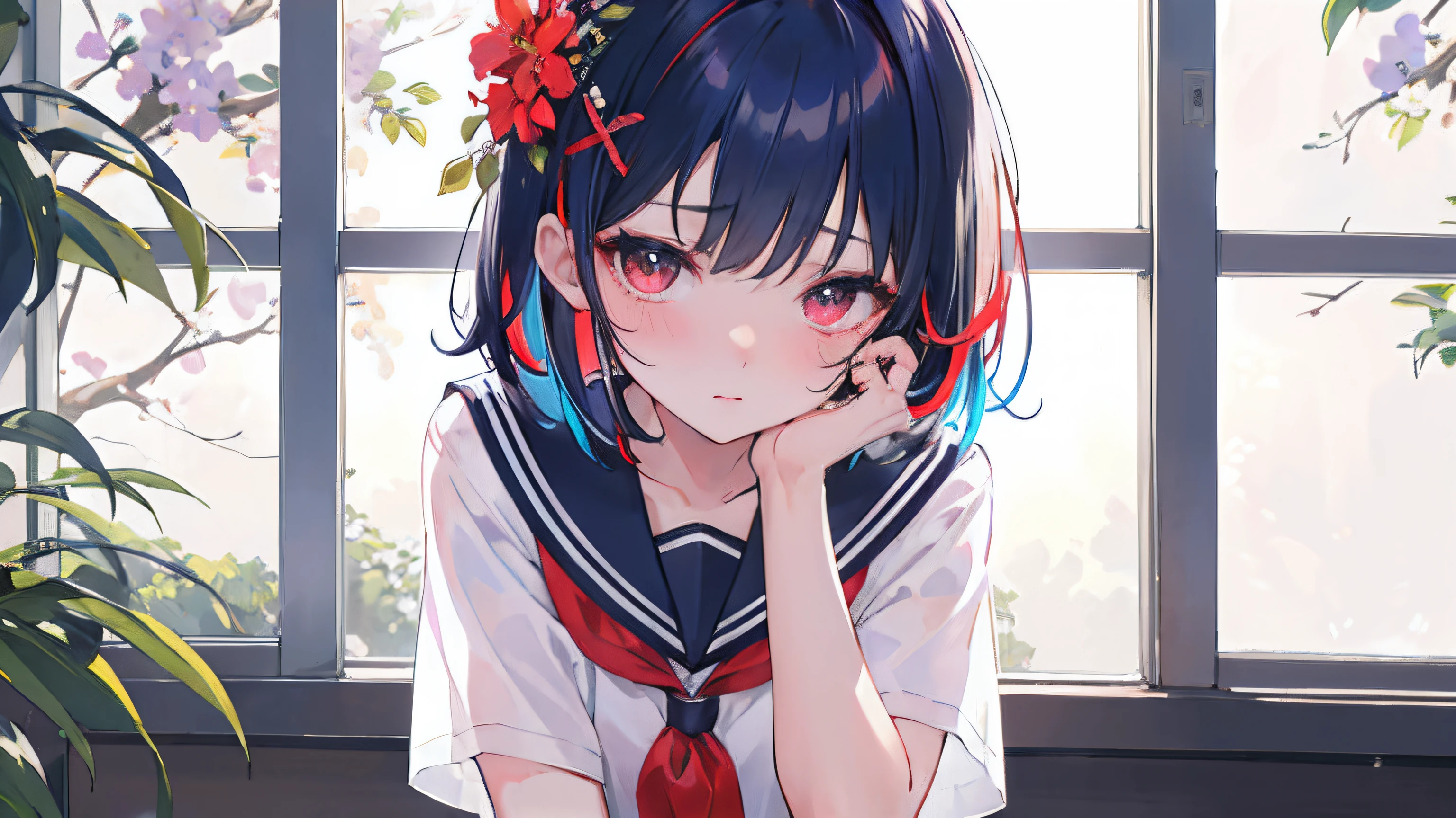 Top image quality、highestdetailed、masterpiece、
Background with:school classrooms、Anime Art Style、
femele、Petite、After sunburn、expresive:Beautiful face、Thin eyebrows、Young Face、Sweating、
hairstyle on:Natural hair、Medium Hair、Multicolored hair color、Floral hair ornament、
garments:School uniform, serafuku, Dark blue pleated skirt, Sailor collar, White shirt,、ren、Short sleeves、
full body Esbian、Looking up at the viewer、red blush、Kiss Face