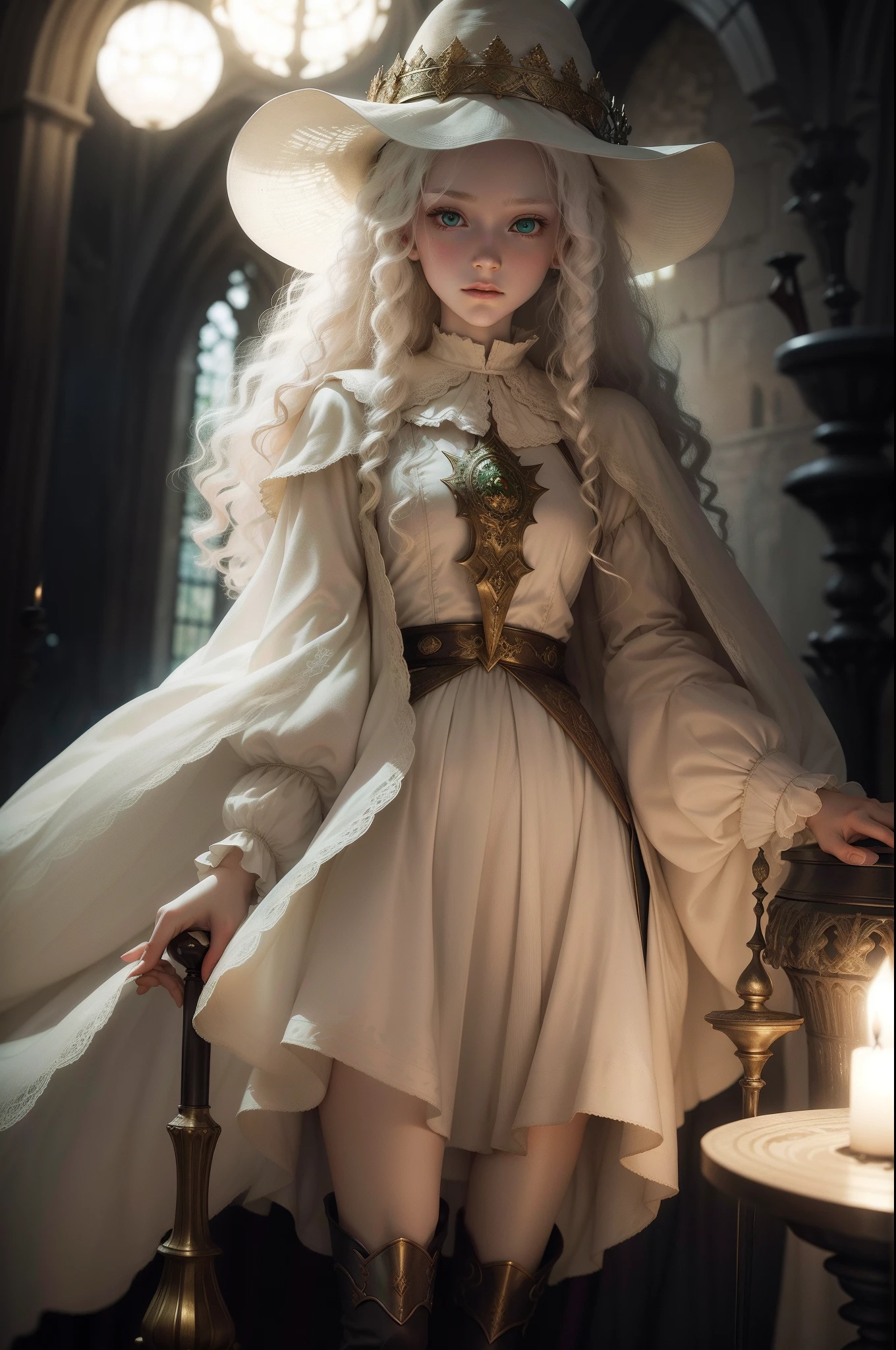 fair complexion, woman around 19 years old, ((natural albino hair)), distinctive green eyes, wearing kohl, slender and graceful, beautiful, candlelight in a medieval setting, ultra sharp focus, realistic shot, white medieval female shirt with puffed sleeves, tetradic colors, sharp focus