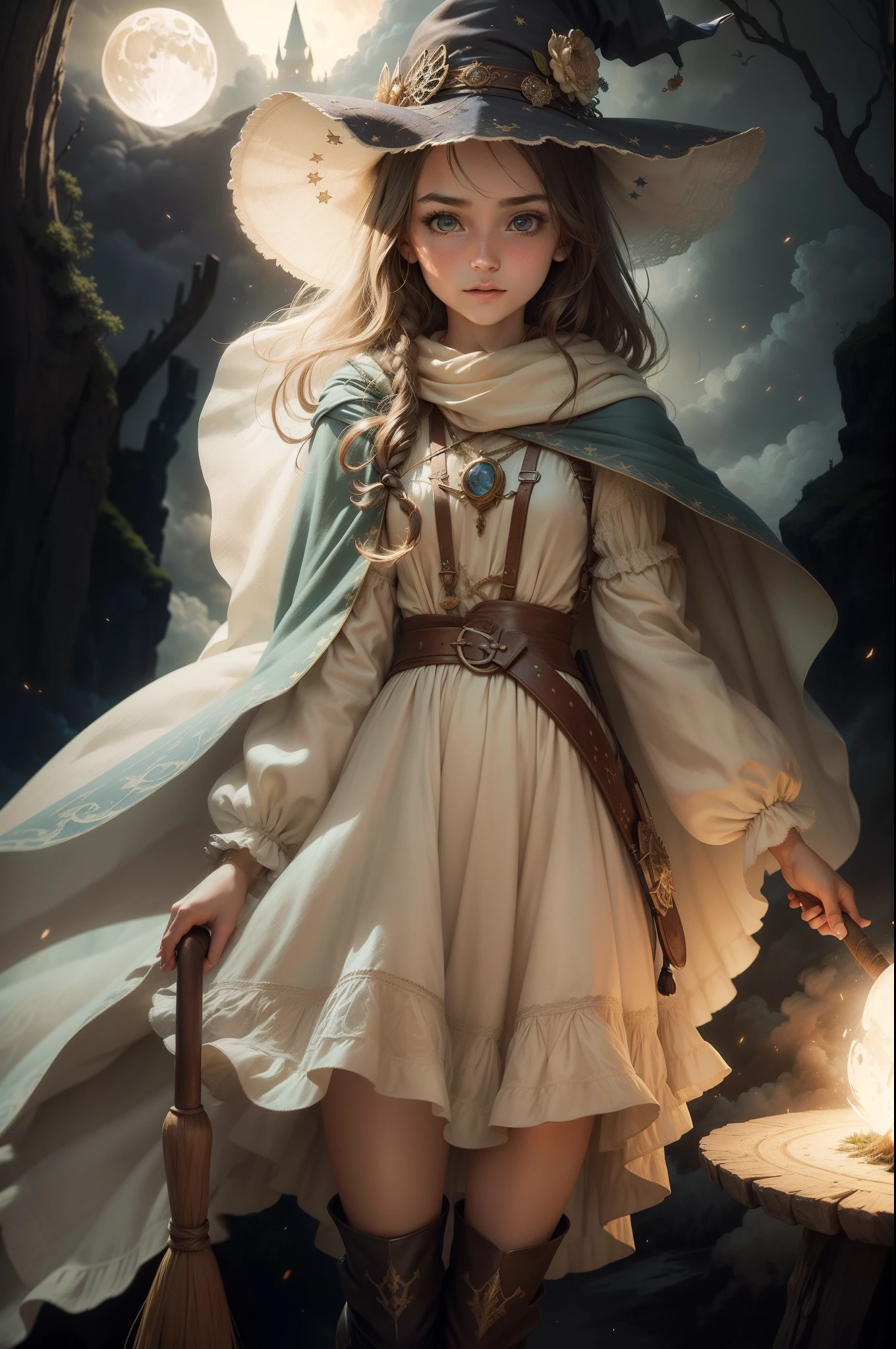 masterpiece, best quality, ultra-detailed, illustration, 1girl, solo, fantasy, flying, broom, night sky, outdoors, magic, spells, moon, stars, clouds, wind, hair, cape, hat, boots, broomstick, glowing, mysterious, enchanting, whimsical, playful, adventurous, freedom, wonder, imagination, determination, skill, speed, movement, energy, realism, naturalistic, figurative, representational, beauty, fantasy culture, mythology, fairy tales, folklore, legends, witches, wizards, magical creatures, fantasy worlds, composition, scale, foreground, middle ground, background, perspective, light, color, texture, detail, beauty, wonder.