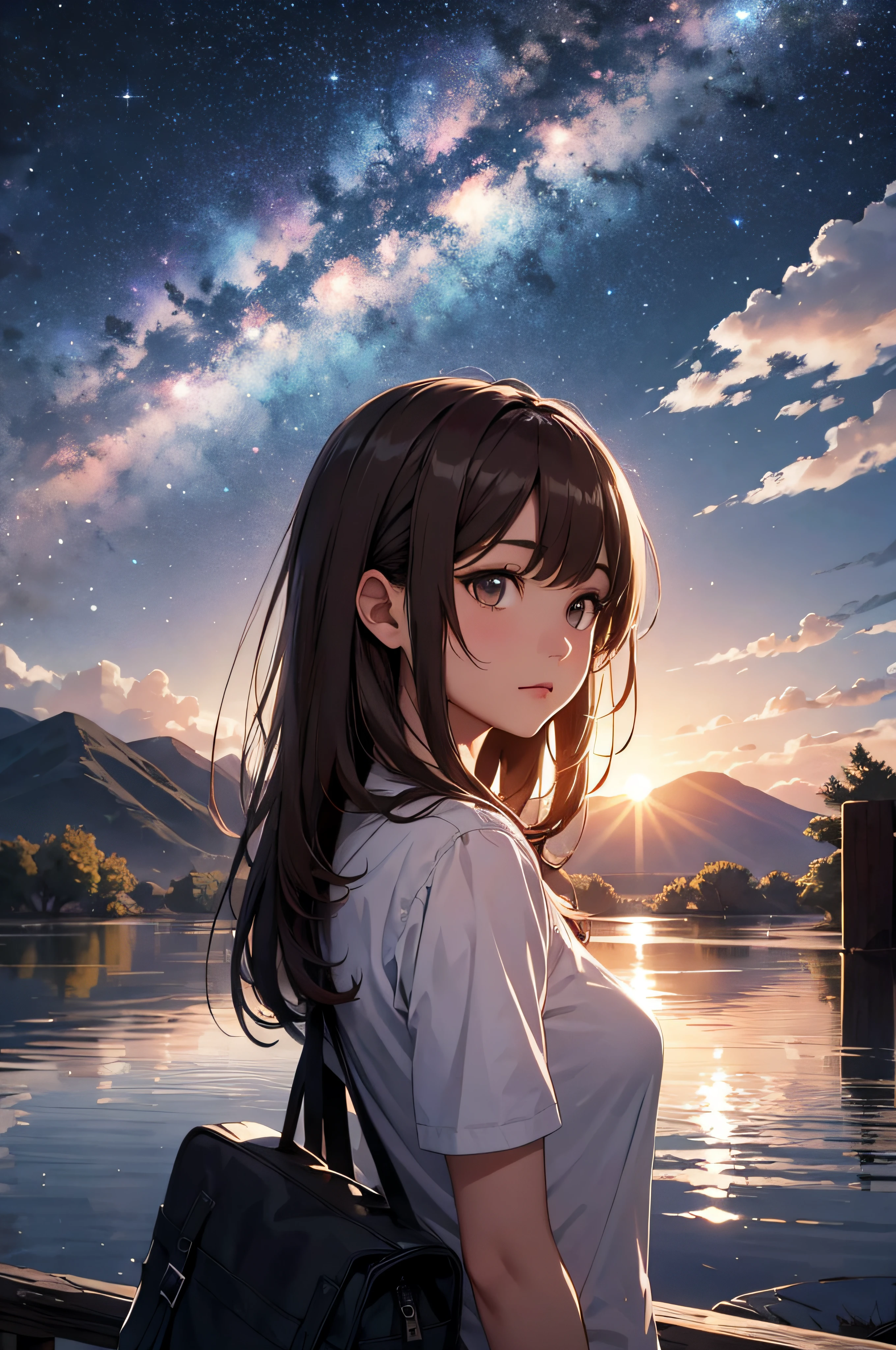 Outrageous resolution、hight resolution、(masterpiece:1.4)、ultra-detailliert、floating、Ultra-detailed night sky、stele、milkyway、shooting stars、meteors、Meteor swarm, Night, Starry sky, Galaxy, beautiful anime scene, starrysky, natta, nigh sky, 独奏, plein air, clouds, length hair, 城市, silhuette, (top-quality、masterpiece)、1girl in、超A high resolution、独奏、A Japanese Lady。Rear view、hi-school girl、photorealisim、Light Brown Straight Hair、finer hair、fashionGirl。Wears a white shirt。