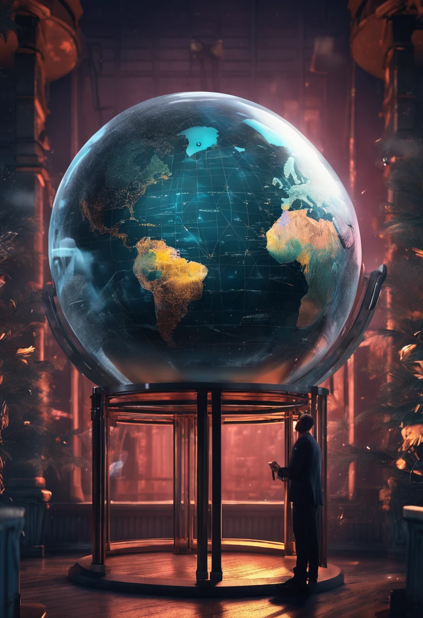 Giant snow globe, person touching the globe, landscape from another world, it's dark, a bird trapped in a cage hidden in the background, shadow with shining eyes