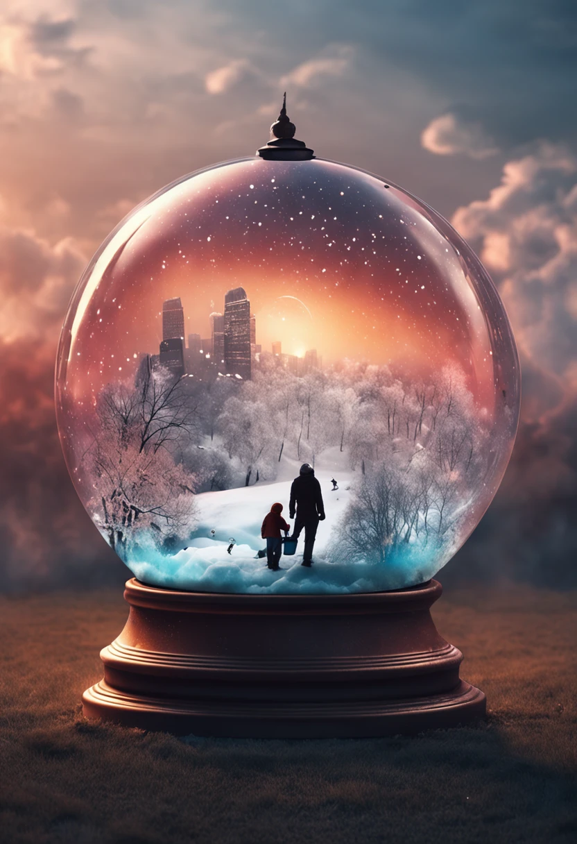 Giant snow globe, person touching the globe, landscape from another world, it's dark, a bird trapped in a cage hidden in the background, shadow with shining eyes