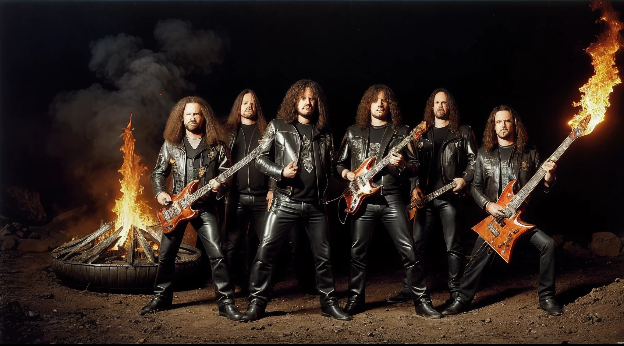 La mejor calidad, ultrahigh resolution, (fotorrealista: 1.4),,Foto de un grupo de personas sosteniendo un fuego, Megadeth, doncella, Foto promocional de la banda de rock pesado, Sosteniendo fuego y electricidad, Heavy Metal 1981, Thrash Metal, Doncella de hierro, 1 9 8 0's heavy metal album art, SpellJammer, Fireerstorm, Conjuro de llamas, Foto promocional, Foto promocional, Hechizo de lanzamiento de fuego