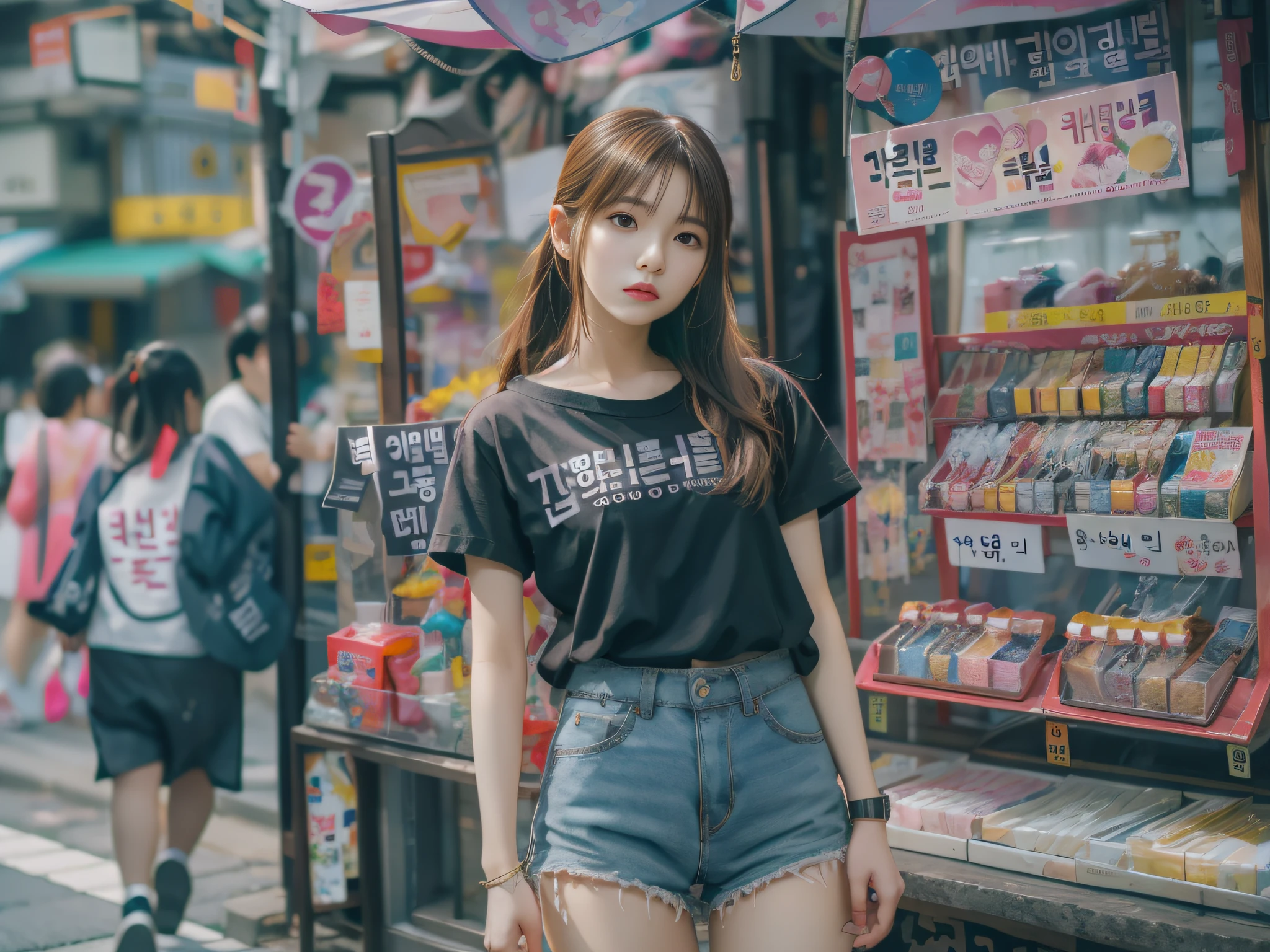 8k, top-quality, (pubic hair beauty)、hight resolution, realisticlying, realperson, Woman standing in front of a stall on a busy street、a picture inspired by Yuumei、Unsplash Contest Winner、真实感、a Korean girl、Ulzo、Beautiful Korean Woman、chinaese girl、Popular Korean Makeup、Korean Female Fashion Models、Popular Korean Makeup、Beautiful young Korean woman、Street fashion in the streets of Japan、Korean Women、japanese streetwear、shortpants、T-shirt that exposes the belly