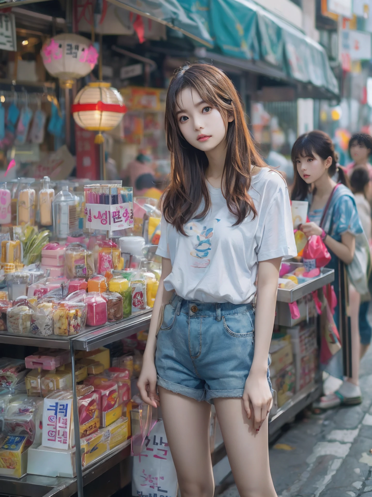 8k, top-quality, （pubic hair beauty）、hight resolution, realisticlying, realperson, Woman standing in front of a stall on a busy street、a picture inspired by Yuumei、Unsplash Contest Winner、真实感、a Korean girl、Ulzo、Beautiful Korean Woman、chinaese girl、Popular Korean Makeup、Korean Female Fashion Models、Popular Korean Makeup、Beautiful young Korean woman、Street fashion in the streets of Japan、Korean Women、japanese streetwear、shortpants、T-shirt that exposes the belly