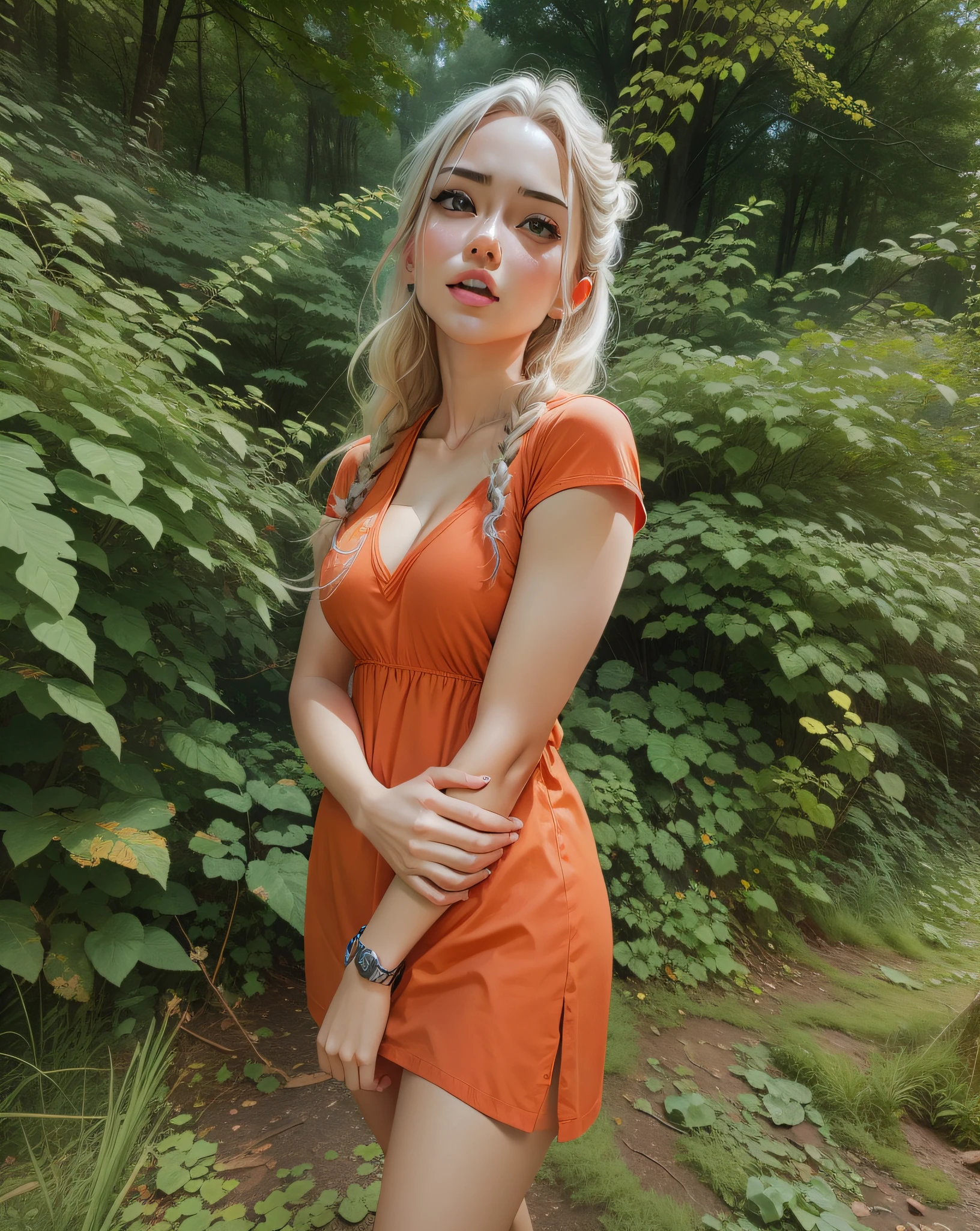 (masterpiece, best quality:1.4), (8K), Young blonde beauty, (((18 years old, solo, very short, teen, neat girl))), detailed blue eyes, long eyelashes, blush, horny, upper body, topless, small ass, slender thin legs, vagina, (detailed vagina), nude, (toned figure), (looking at viewer) (close up), beautiful blonde hair, white-skinned, (bangs:1.3), pigtails, groping, ((small breasts)), (mushroom forest, colorful celestial forest, beautiful and magnificent pink sunshine, majestic sky), natural light, (pink sky)