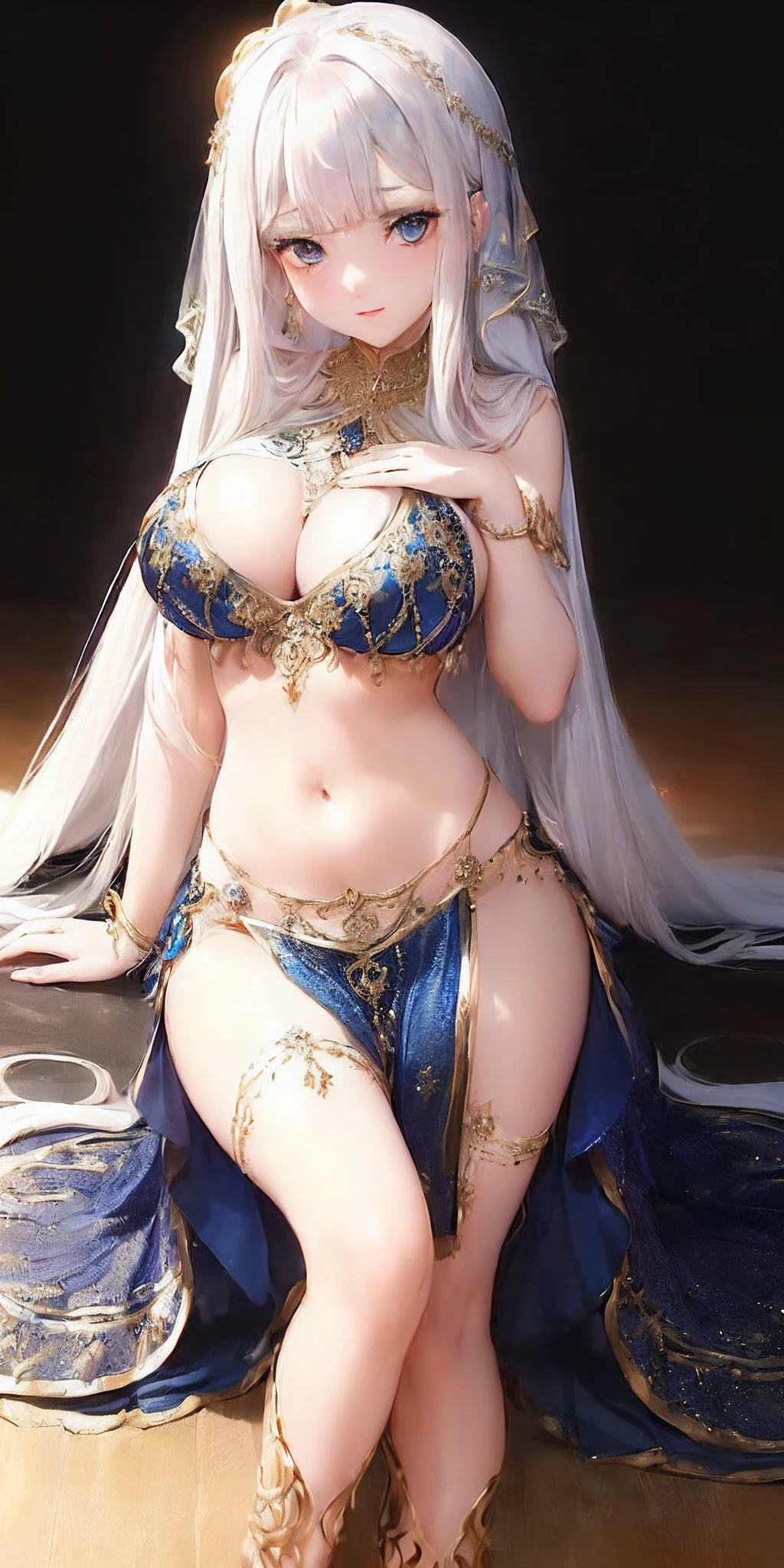[monochromes:Subdued Color:0.6] theme, (masutepiece), (Best Quality), , Light Layer, Lustrous skin, (intricate-detail , taut clothes, ),  White hair, Long hair, hime-cut, Blunt bangs, side locks, 、Blue eyes, ,, (maturefemale:1.1),    (Simple background:1.1),(((((Belly dance、ornamented、Belly Dance Costumes、Beautiful breasts、Long hair on the floor)))))、frontage、low angles、Front Angle、symmetry、large boob、Thick lip、Lustrous lips、(((((facing front、Turn your body to the front、Front view、Front face)))))、