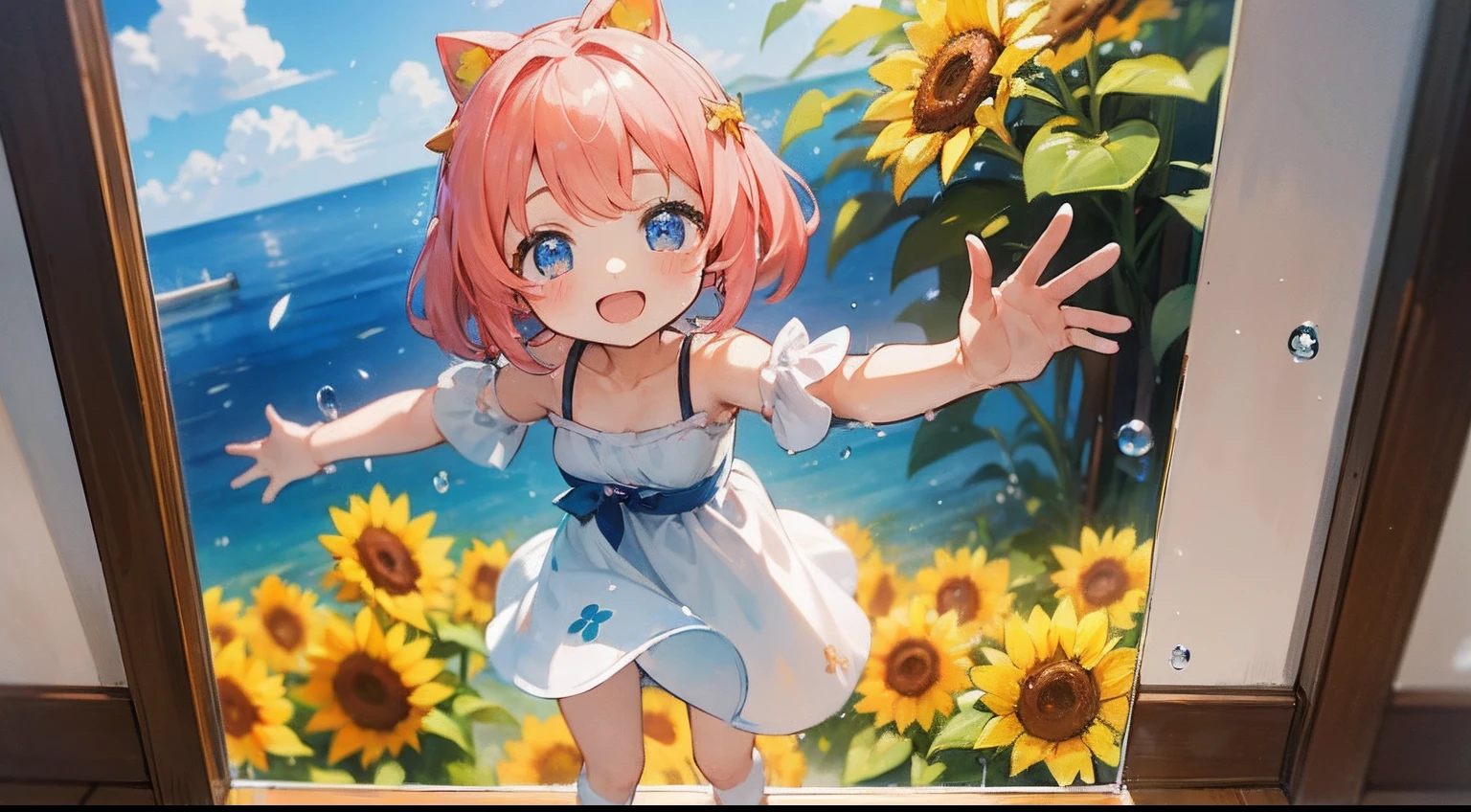 photoRealstic、Top Text Says "Code Angel"、Doll standing in front of the painting、swim wears、laugh face、Water droplets on the cheeks、Selfie Pose、spreading arms widely、、Sengai、pixiv、rokoko、dollfie dream、watercolor Nendoroid、(High Definition Figure)、flowing sakura-colored silk、nendroid、bustup、Sunflower petals、season!!: 夏☀ 🍂 ヒマワリ