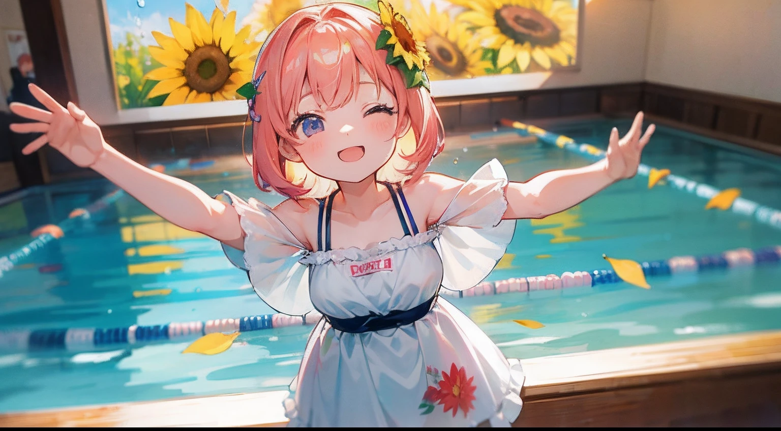 school swimwear、Acme Face、Random pose、Medium Hair、Pink Hair、、nsfw、Highest quality、1 girl、solo、Ocean、Sexy pose、Random pose、Blushing、Wet、Embarrassed、I can see half of my 、、One piece swimsuit、(Strap slip:1.3)、School Swimsuit