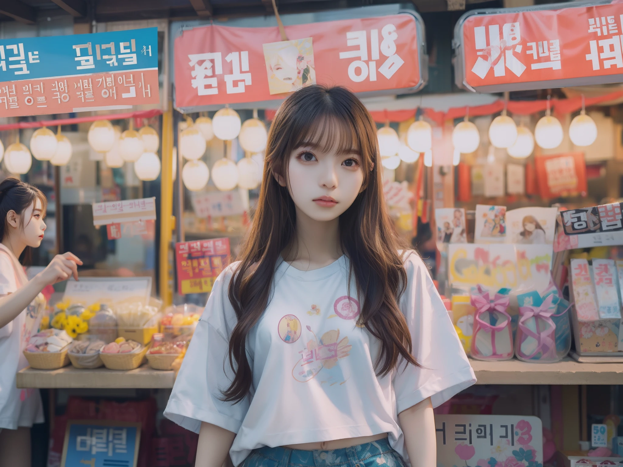 8k, top-quality, （pubic hair beauty）、hight resolution, realisticlying, realperson, Woman standing in front of a stall on a busy street、a picture inspired by Yuumei、Unsplash Contest Winner、真实感、a Korean girl、Ulzo、Beautiful Korean Woman、chinaese girl、Popular Korean Makeup、Korean Female Fashion Models、Popular Korean Makeup、Beautiful young Korean woman、Street fashion in the streets of Japan、Korean Women、japanese streetwear、shortpants、T-shirt that exposes the belly