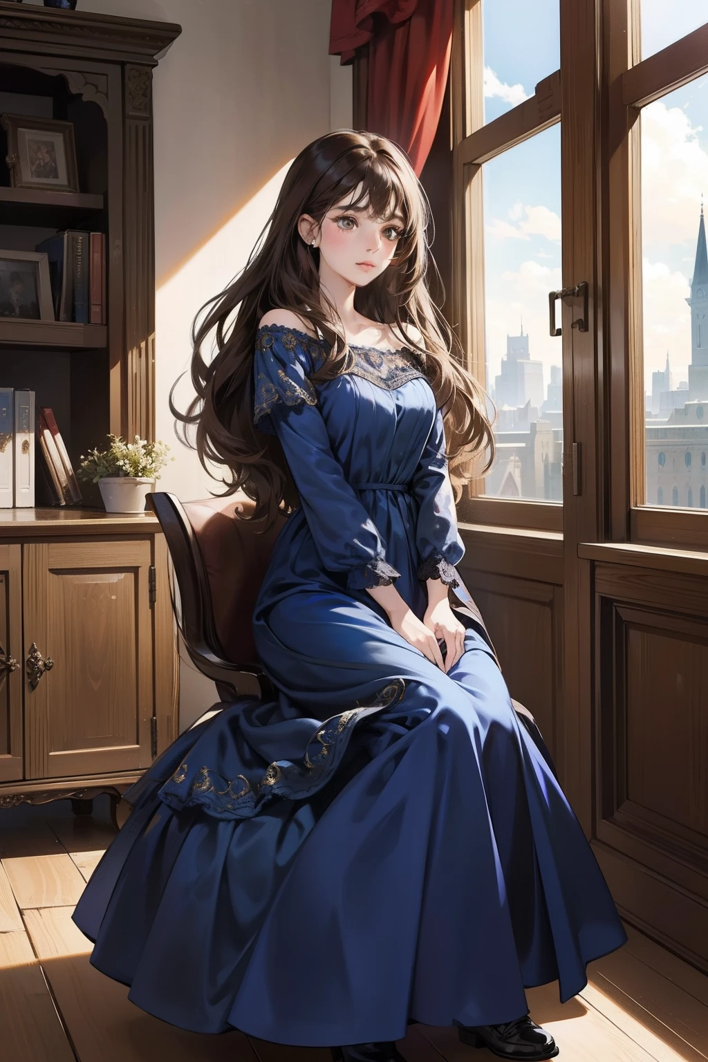 A woman in a blue dress sitting on a chair in front of a window - SeaArt AI