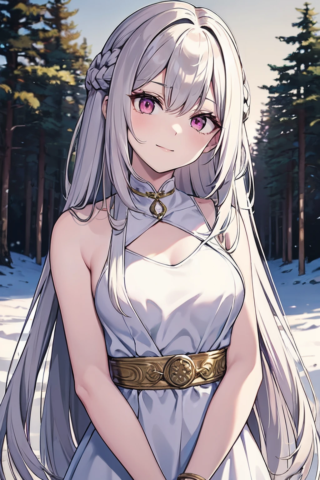 masterpiece, best quality, 16k, 1girl, solo, long hair, light hair, wavy hair, platinum hair, hair bangs, petite, (medium breasts:1.1), rating:safe, pink eyes, hair between eyes, evil smile, wearing a peplos, ancient greek dress, gold bracelets, arms behind back, head tilt, evil queen, royalty, goddess, majestic, ((outdoors, winter, winter forest)), face only, upper body