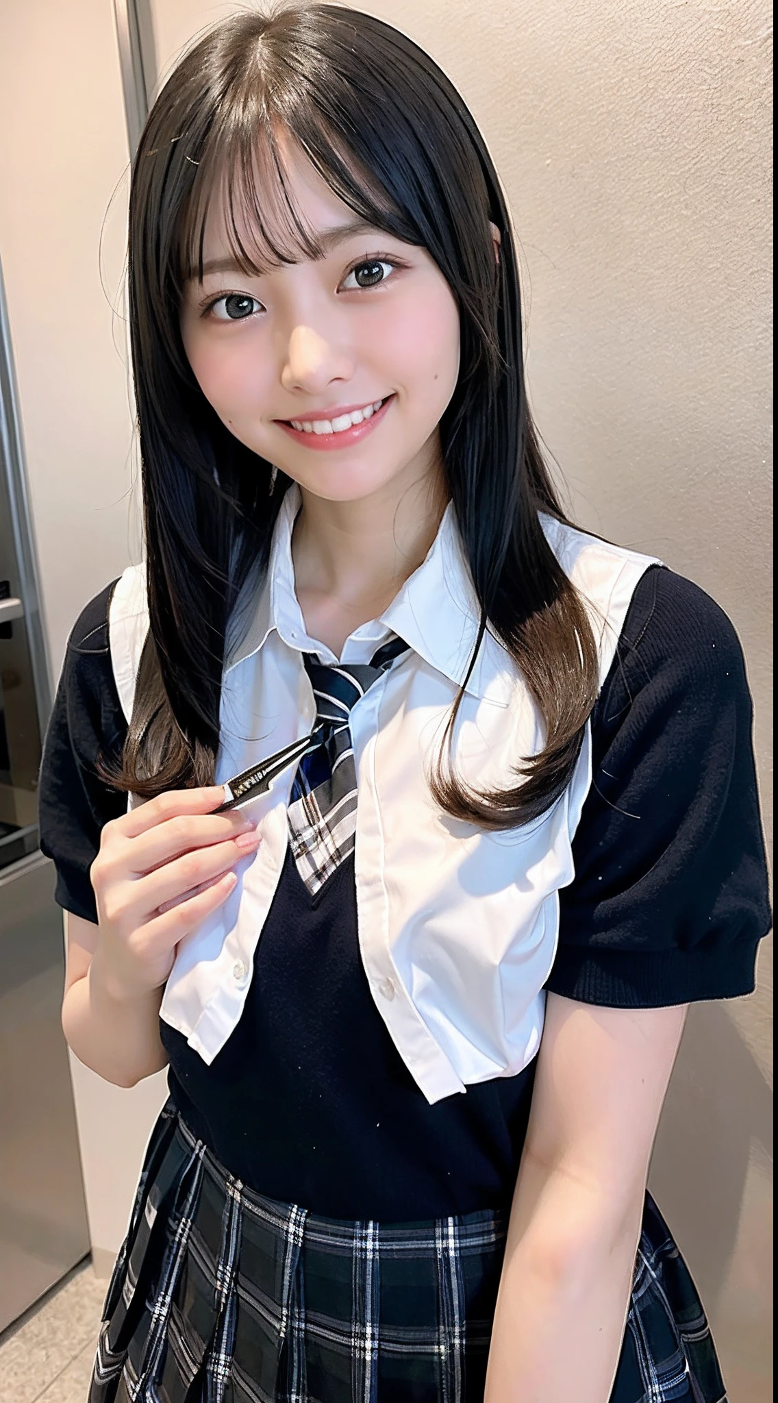 Cute schoolgirl asking questions,　Black hair, Show your teeth and smile, straight haired、