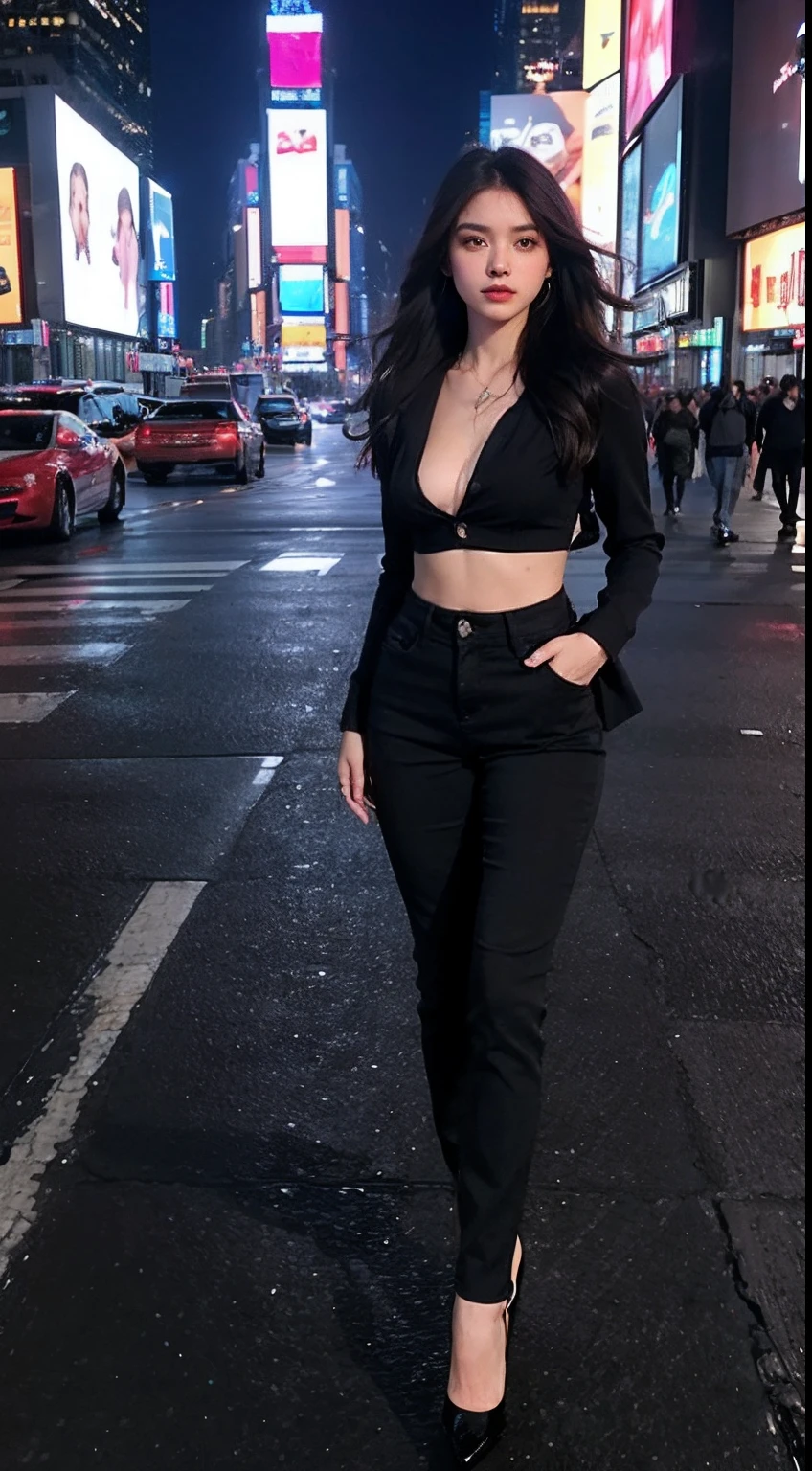 Sexy woman,Beautiful and moving big eyes,In the middle of the street,tight fit clothes,wearing long pants,frontage,The trousers have three buttons on each side,high-heels,time square, NewYork, United States,nighttime scene,full of lights。