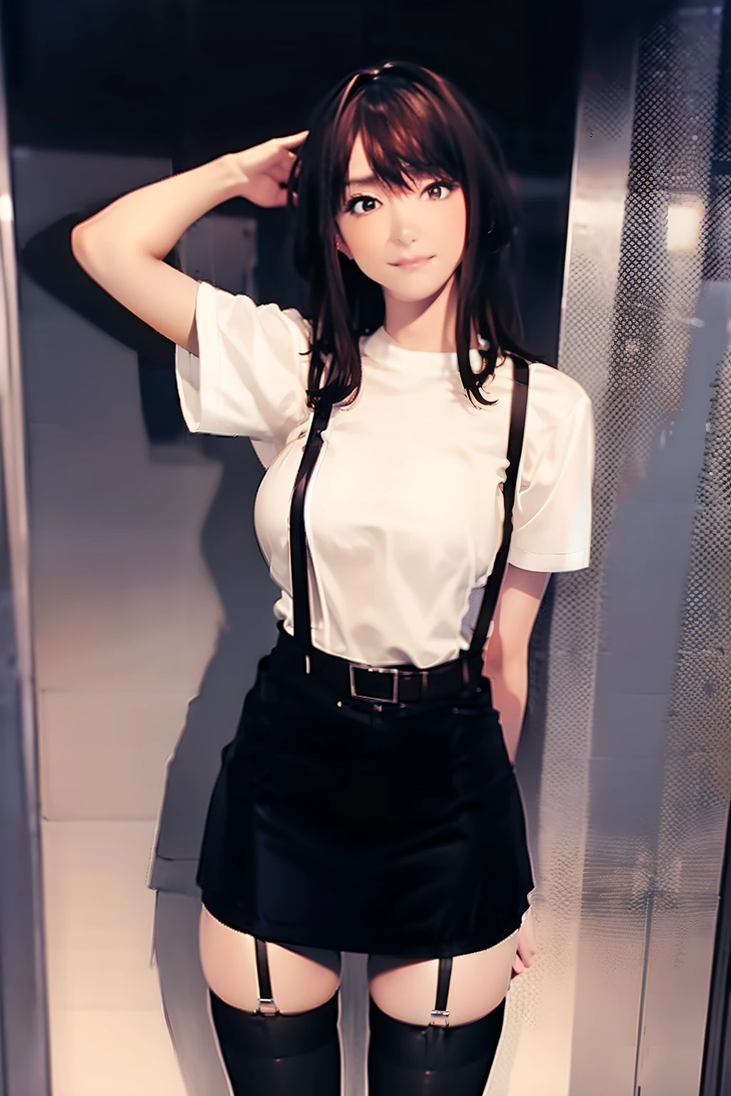 Black skirt, Cutter shirt suspenders, Brown hair Gray eyes, Garter belt on the legs, Tight clothes, a belt Armpit sweat deadpan large full breasts