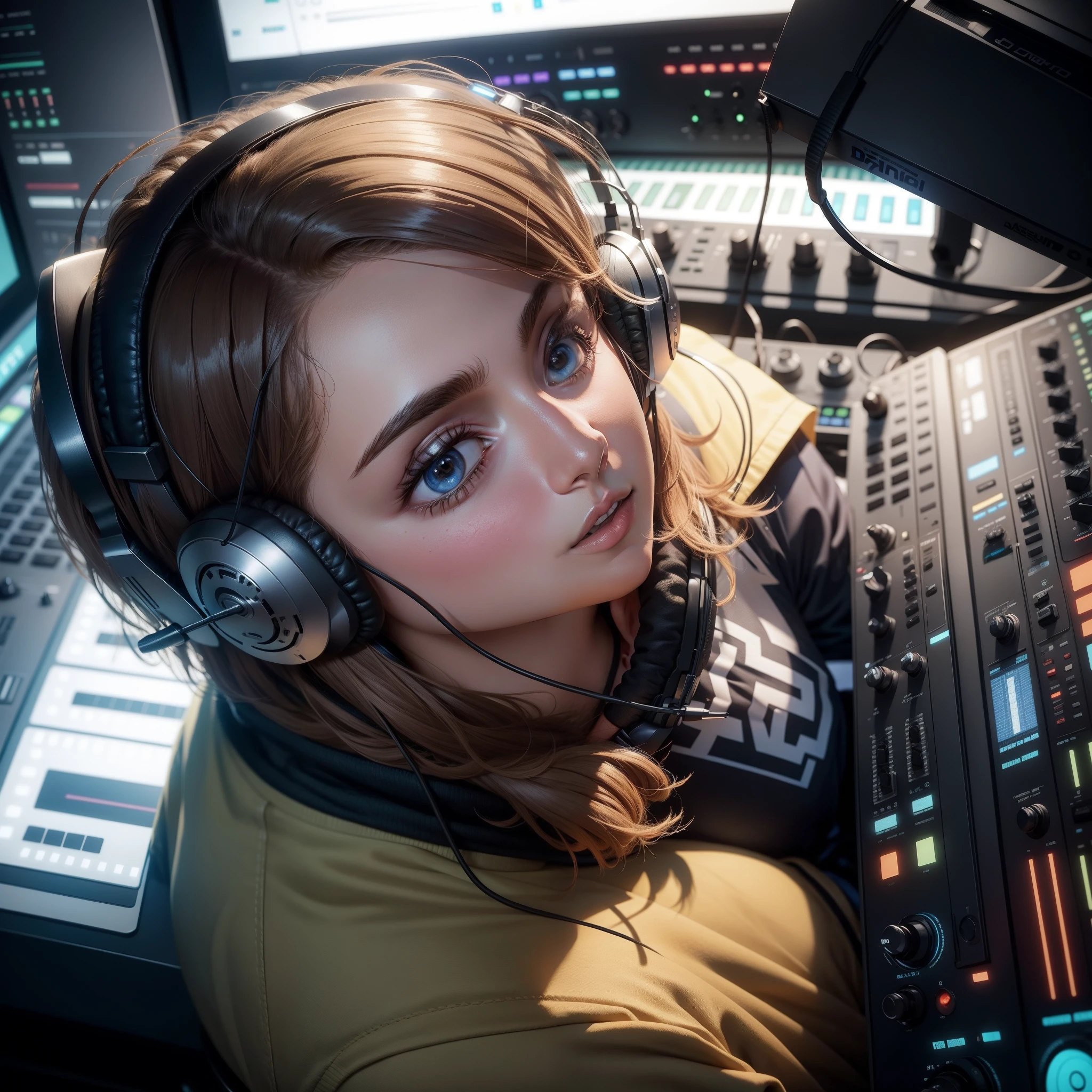DJ wearing headset sitting in the studio in front of the notebook