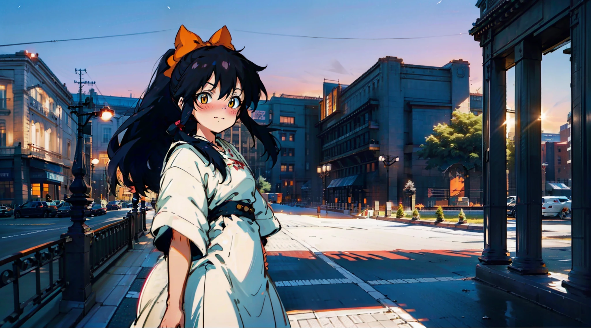 black hair, long hair, ponytail, hair bow, hair bobbles, longeyelashes, amber eyes, light smile, blush, nose blush, high detail, anime, anime style, cinematic lighting, motion blur, Sony FE GM, UHD, anatomically correct, textured skin, super detail, high quality, high details, highres