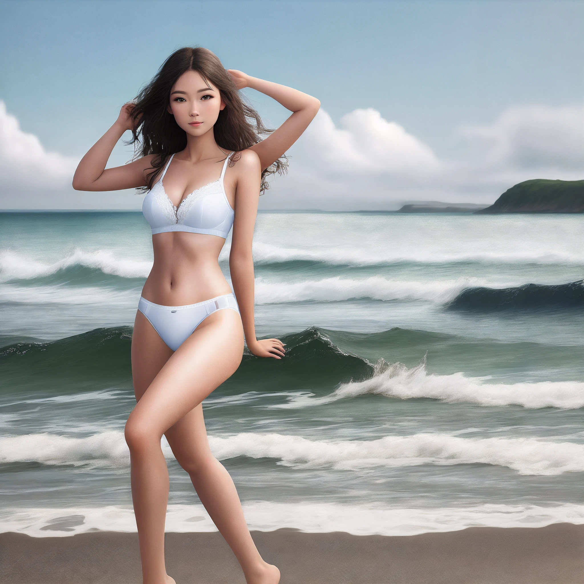 Highest image quality, white ?????????, seaside, beautiful face, long legs
