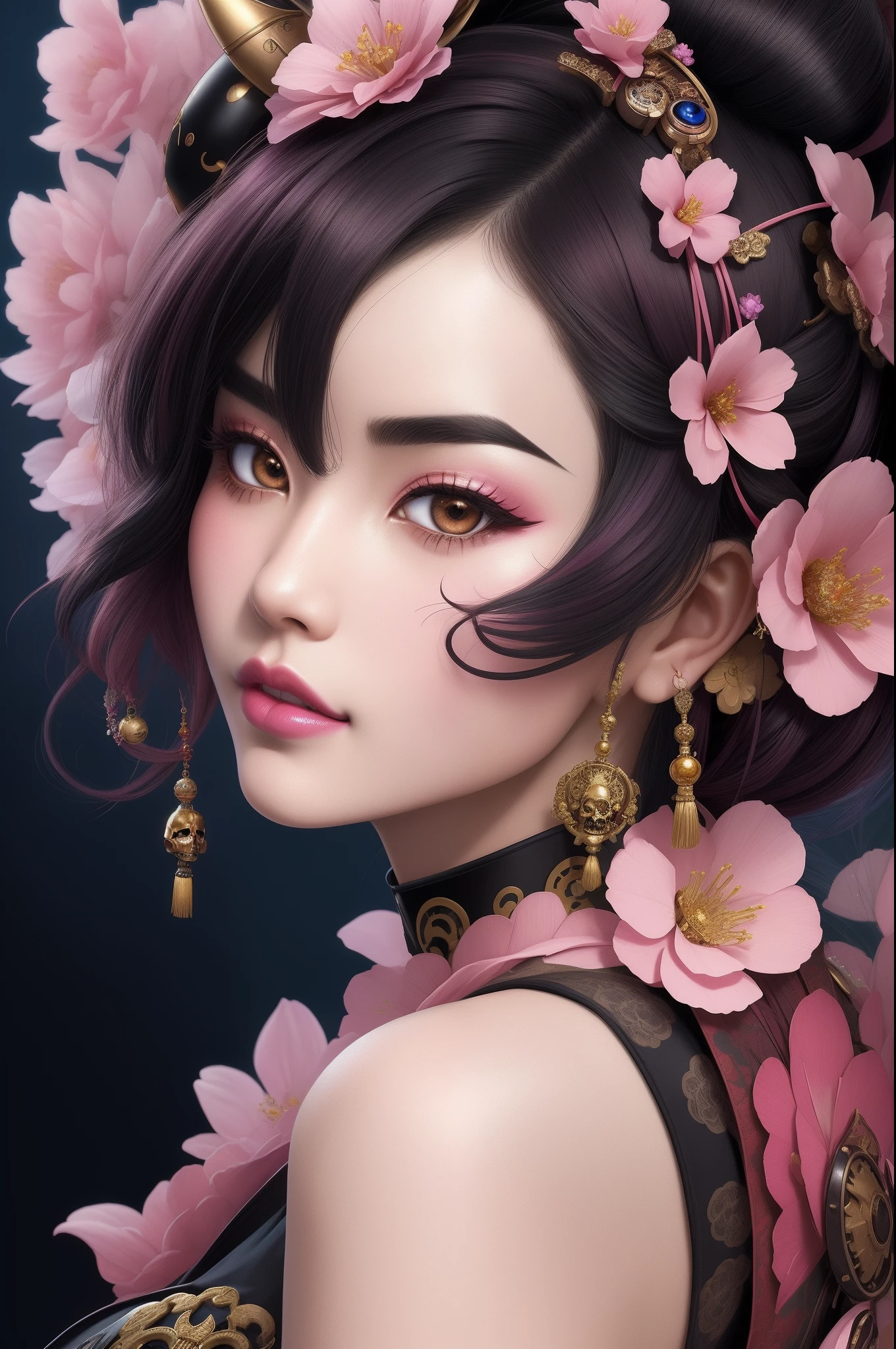 mdjrny-v4 style. Art by Katsuhiro Otomo. Neo-traditional style, bold lines, splashed colors. Close-up of a skull-faced a beautiful steampunk Geisha. Front view facing camera. Circular symmetrical eyes. Bare shoulders. Graceful bosom, Alluring décolletage. Anatomically correct. Golden ratio. Pink lips, blush, bold brows. Colorful fantasy flower surround, highly detailed, clean, photorealistic masterpiece, realism, 4k, cinematic, UHD, HDR.